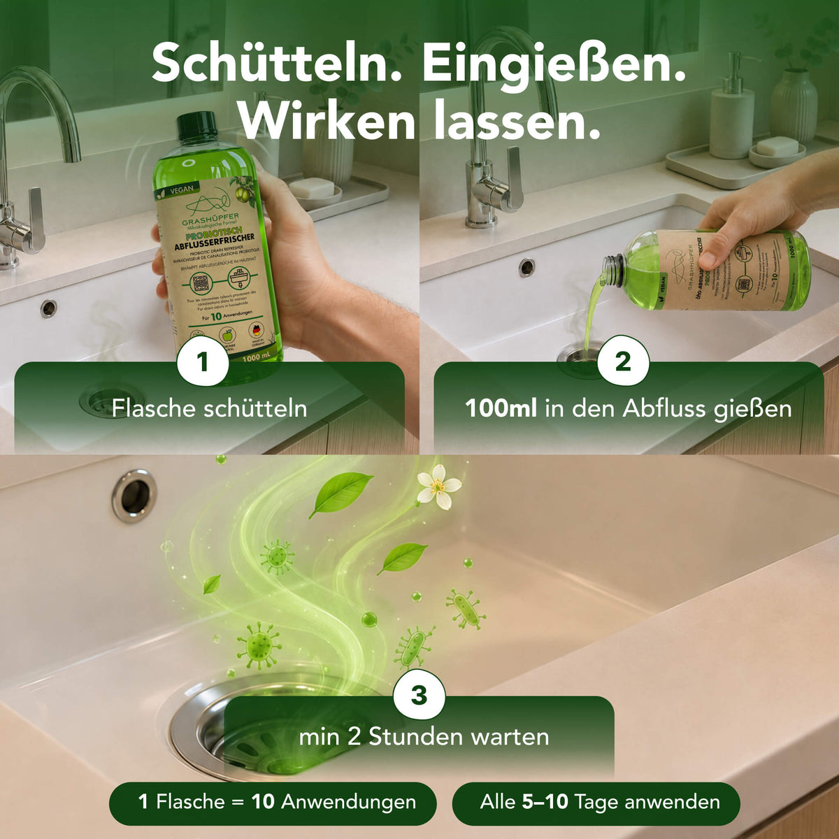Anwendung des Grashüpfer probiotischen Abflusserfrischers: Flasche schütteln, 100 ml in den Abfluss geben und mindestens zwei Stunden einwirken lassen.