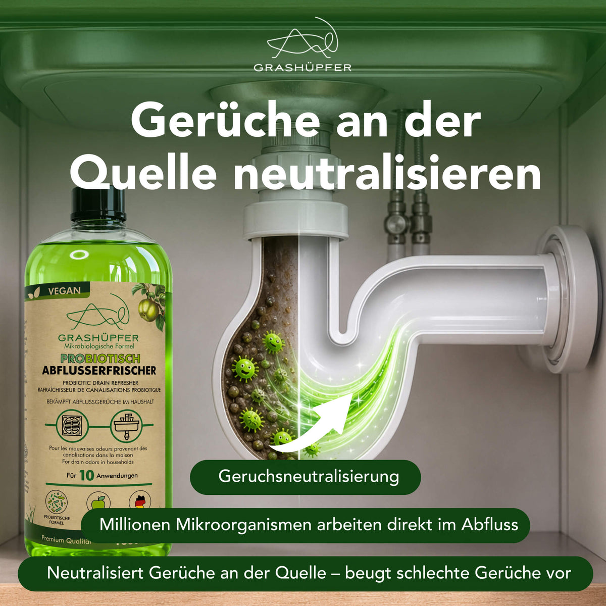 Grashüpfer probiotischer Abflusserfrischer neben einer schematischen Darstellung des Abflusses zur Anwendung bei unangenehmen Abflussgerüchen.