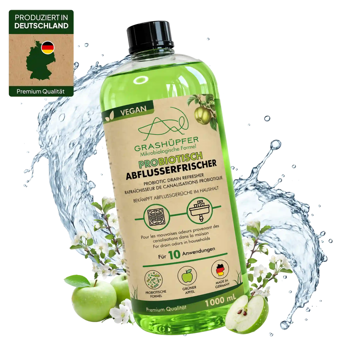 GRASHÜPFER probiotischer Abflusserfrischer Grüner Apfel 1000 ml mit grünen Äpfeln, Apfelblüten und Wassersplash.