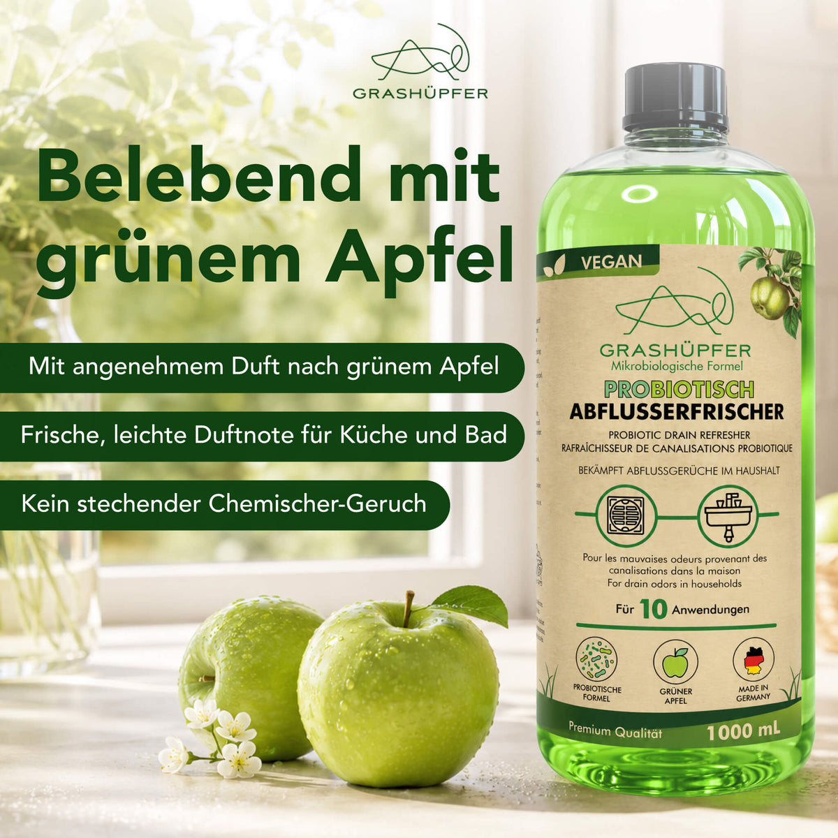 Grashüpfer probiotischer Abflusserfrischer mit grünem Apfel als Darstellung der Duftnote für den Einsatz in Küche und Bad.