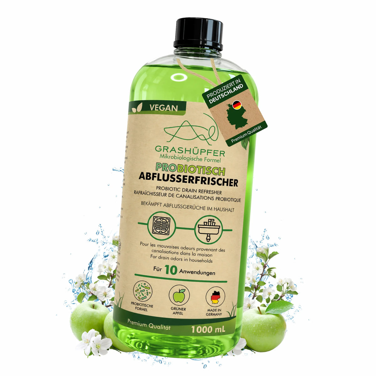 GRASHÜPFER probiotischer Abflusserfrischer Grüner Apfel 1000 ml mit Äpfeln und Blüten, vegan und produziert in Deutschland.