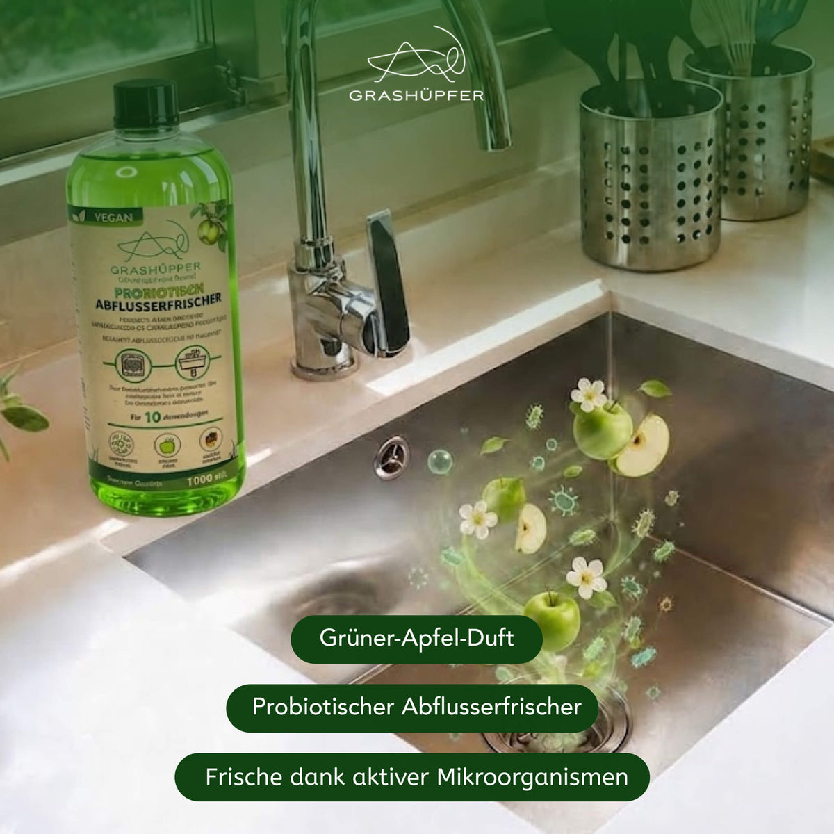 Grashüpfer probiotischer Abflusserfrischer an einer Küchenspüle mit Darstellung von grünem Apfel und Mikroorganismen im Abfluss.
