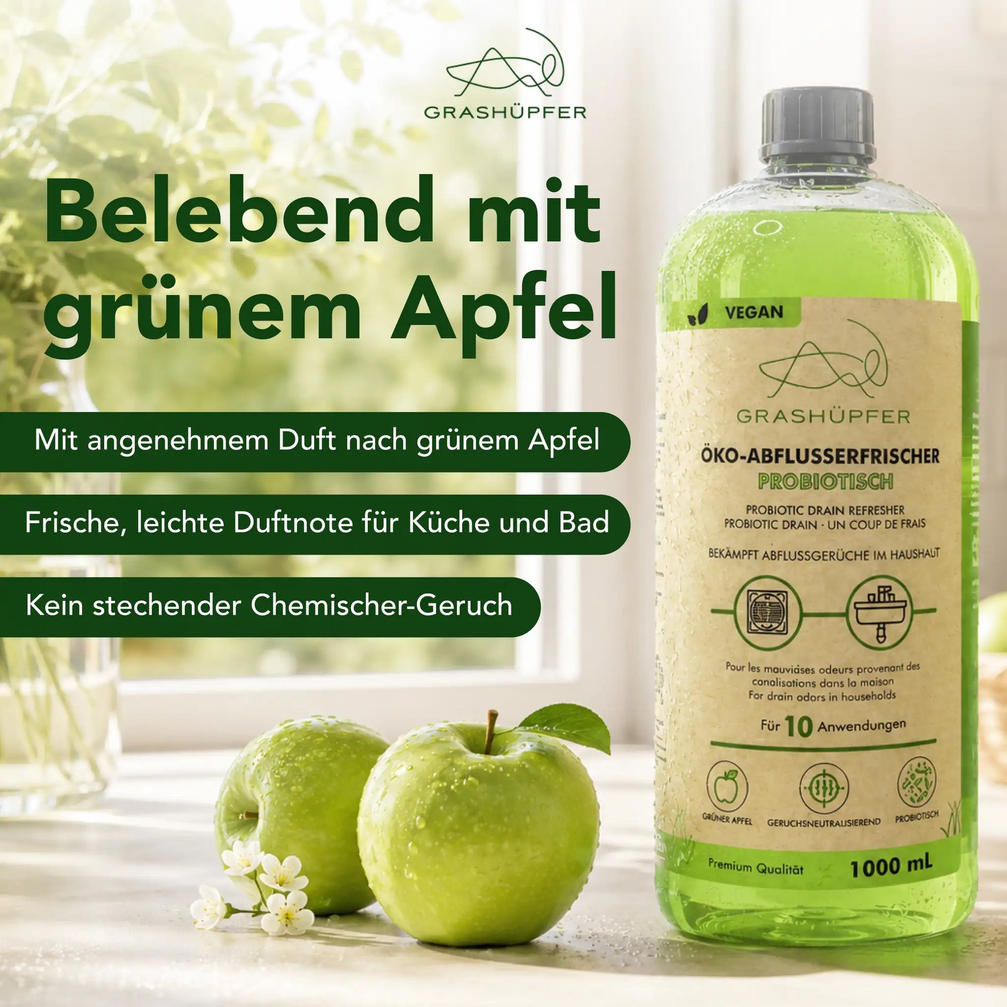 Grashüpfer Probiotischer Öko-Abflusserfrischer mit Grüner-Apfel-Duft, 1000 ml, für frische Abflusspflege in Küche und Bad ohne stechenden Chemiegeruch.