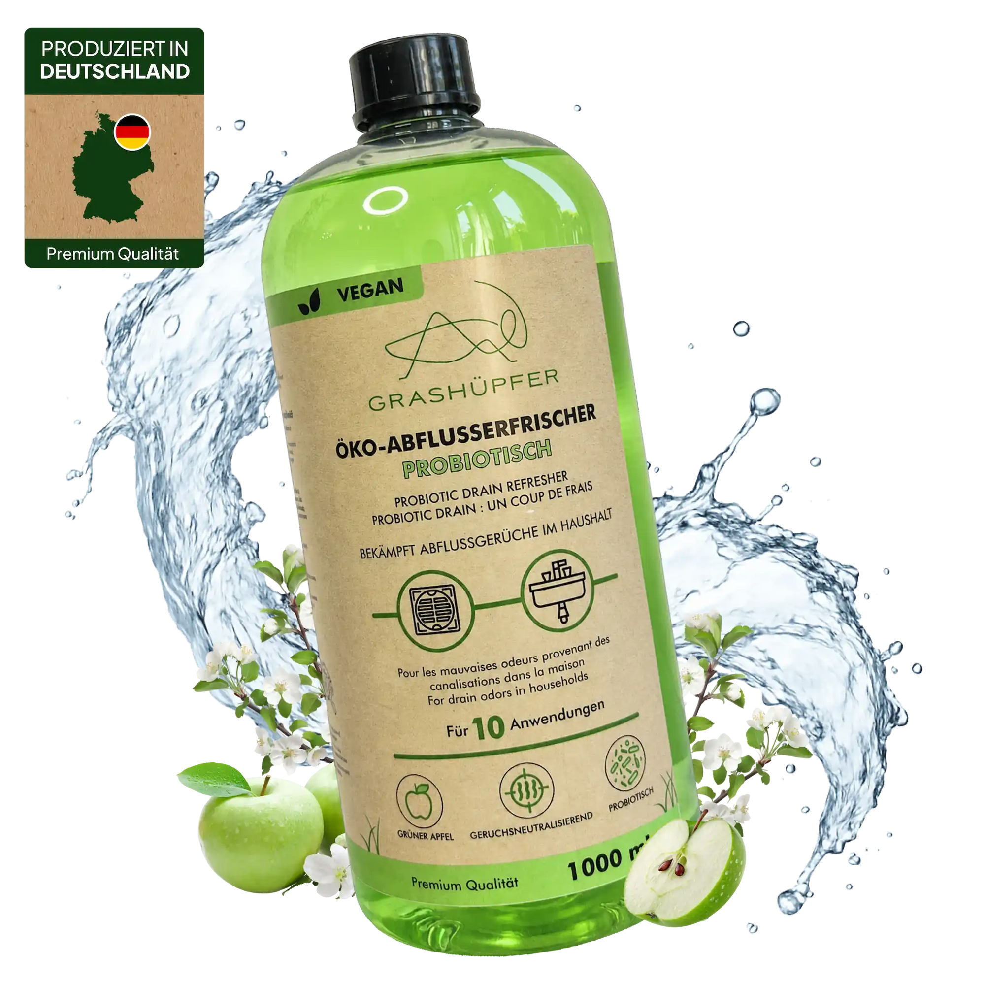Grashüpfer Probiotischer Öko-Abflusserfrischer mit Grüner-Apfel-Duft, 1000 ml, gegen unangenehme Abflussgerüche in Küche und Bad