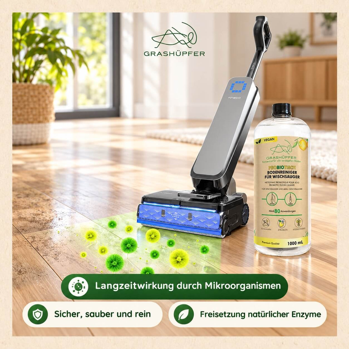 Grashüpfer probiotischer Bodenreiniger neben einem Akku-Wischsauger auf Holzboden mit grafischer Darstellung der probiotischen Reinigung.