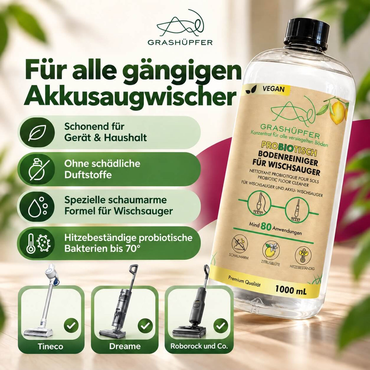 Grashüpfer probiotischer Bodenreiniger für Akku-Wischsauger mit dargestellter Eignung für Geräte von Tineco, Dreame, Roborock und weiteren Herstellern.