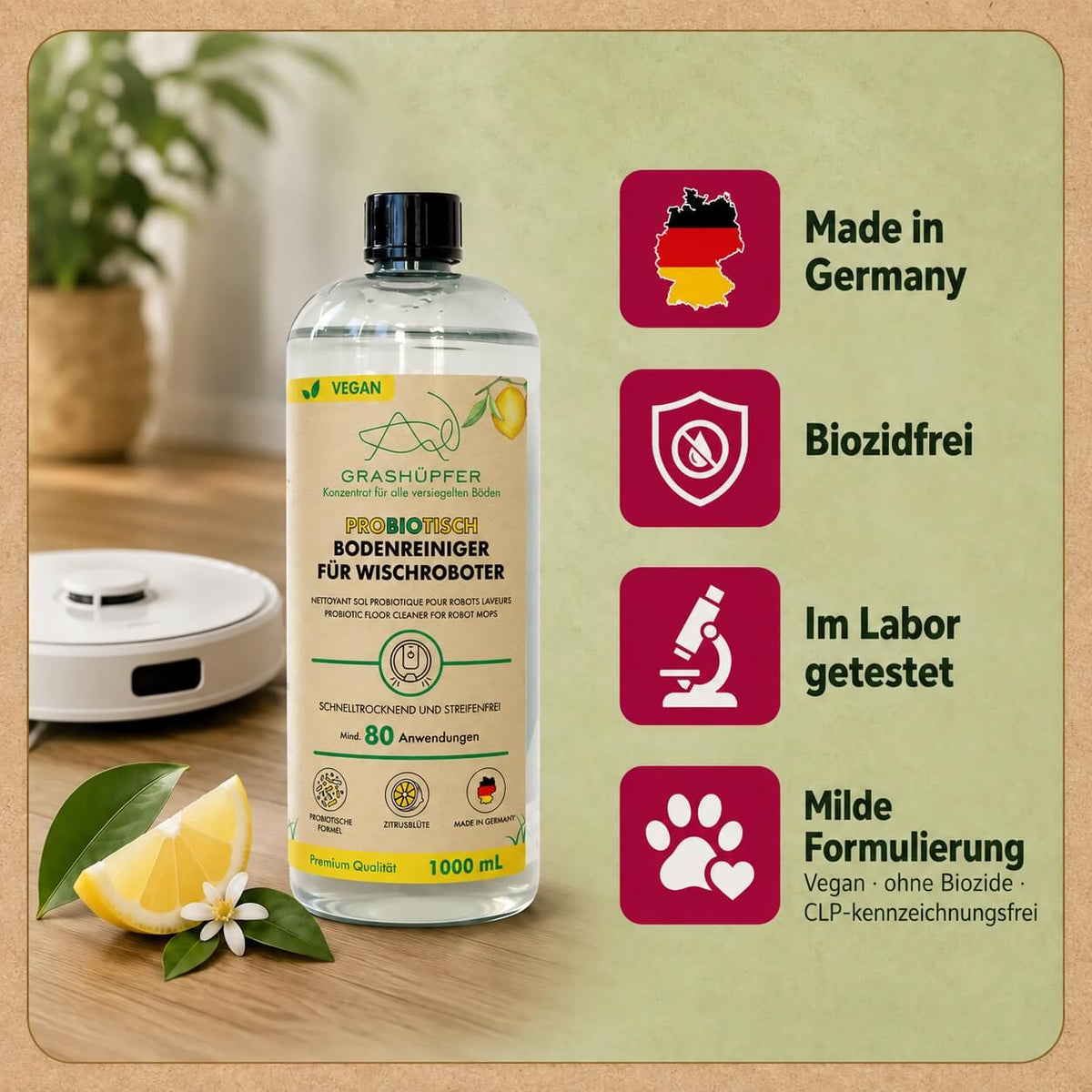 Grashüpfer probiotischer Bodenreiniger für Wischroboter neben einem Saugroboter mit Infografik zu Produkteigenschaften und Herstellung in Deutschland.