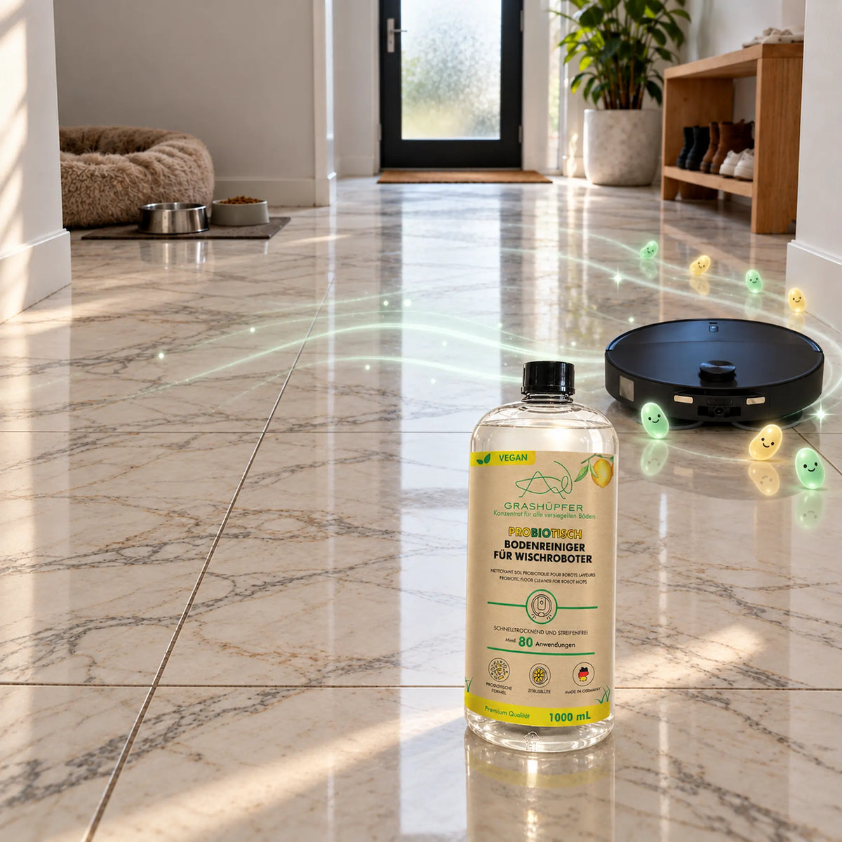 Grashüpfer probiotischer Bodenreiniger für Wischroboter neben einem Saug-Wischroboter auf glänzendem Flurboden mit illustrierten Mikroorganismen.