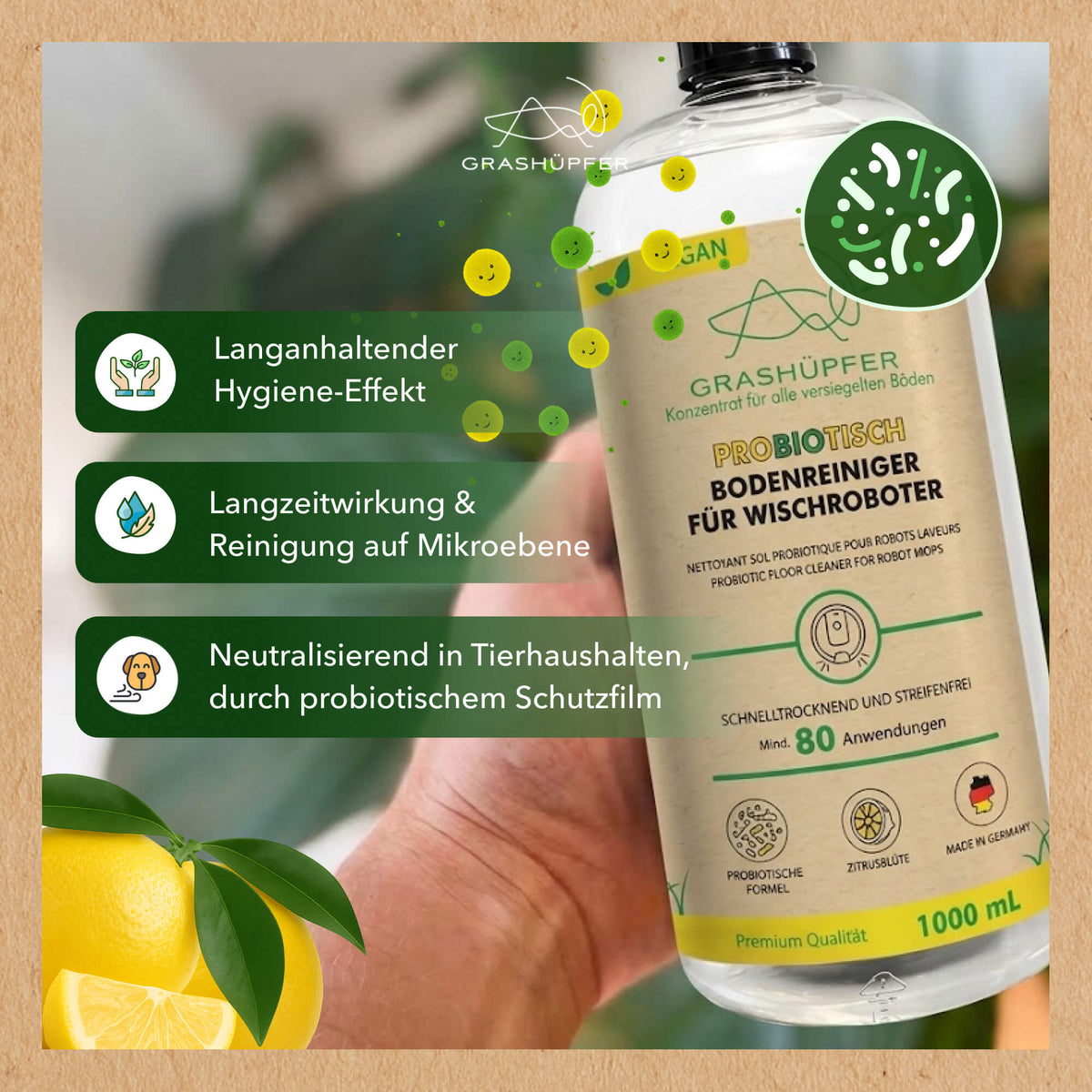Grashüpfer probiotischer Bodenreiniger für Wischroboter in der 1000-ml-Flasche mit Infografik zu probiotischer Formel, Reinigung und Einsatz im Haushalt.