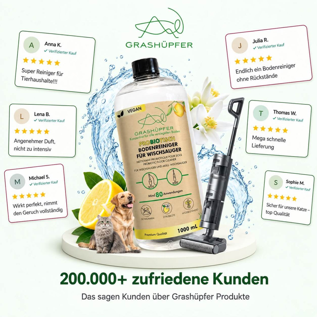 Grashüpfer probiotischer Bodenreiniger für Wischsauger mit Akku-Wischsauger, Hund und Katze sowie Kundenbewertungen und dem Hinweis auf über 200.000 zufriedene Kunden.