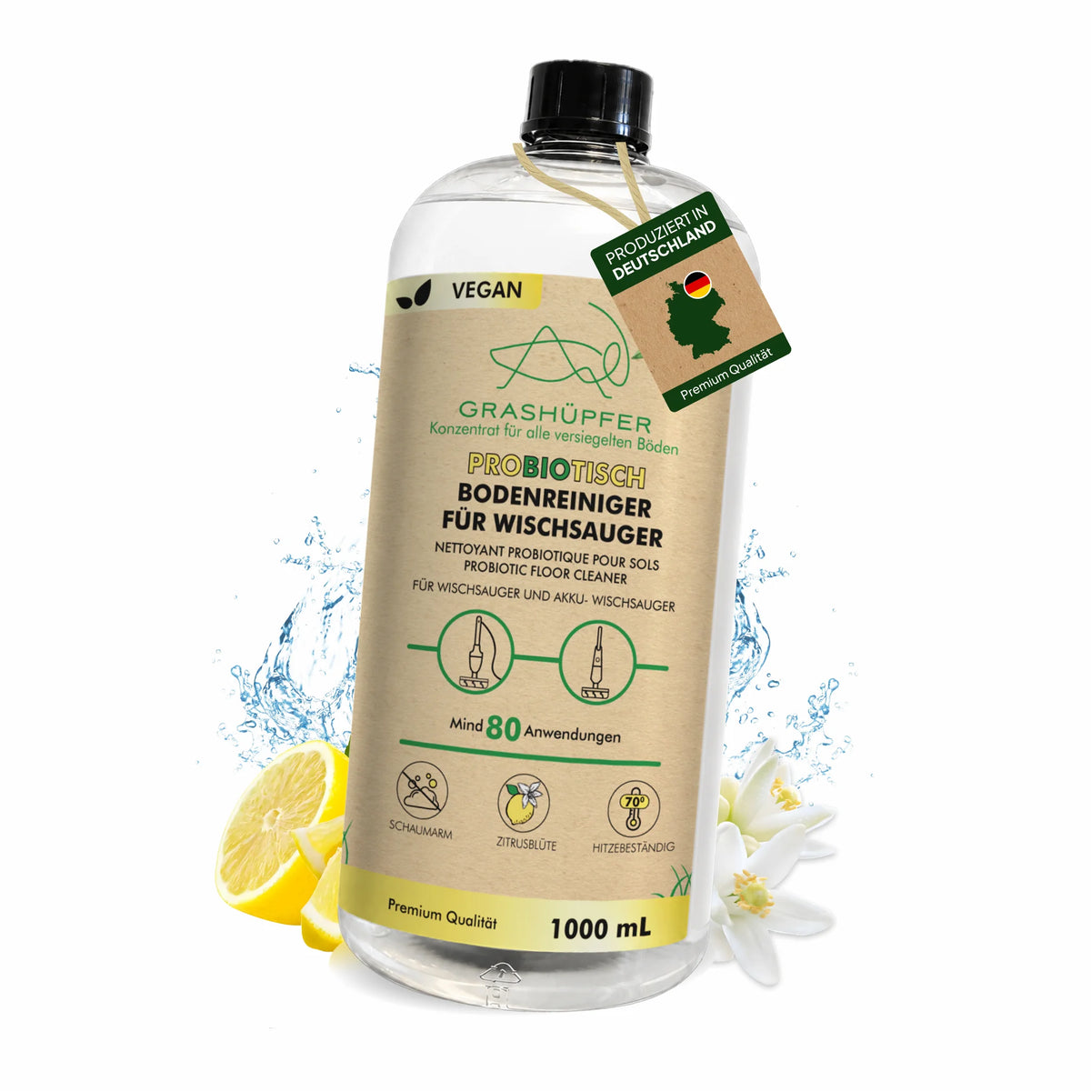 Grashüpfer probiotischer Bodenreiniger für Wischsauger als 1000-ml-Konzentrat mit Hinweis auf Produktion in Deutschland.