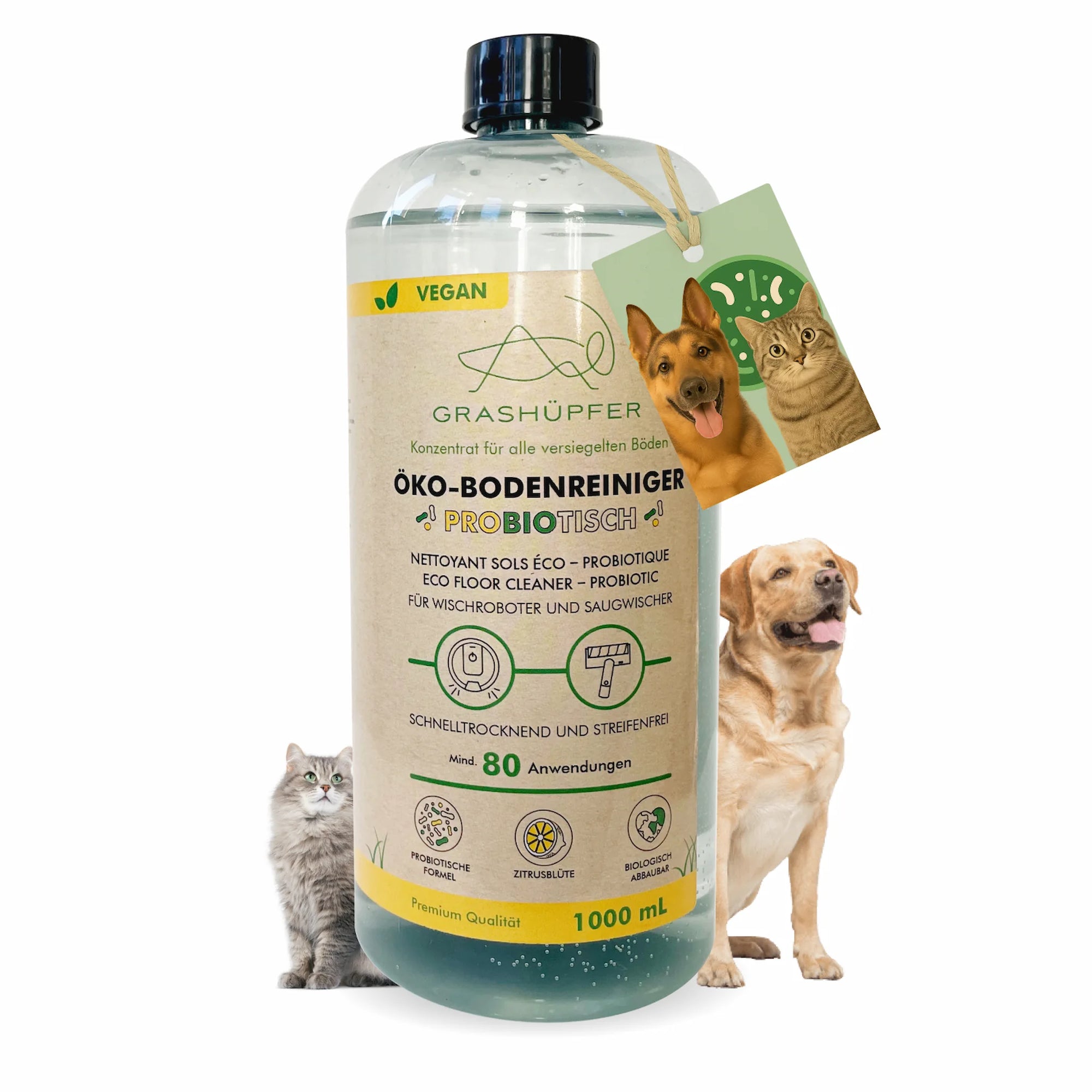 Grashüpfer probiotischer Öko-Bodenreiniger Zitrusblüte für Wischroboter und Saugwischer, mit Haustier-Motiv für Haushalte mit Hund und Katze.