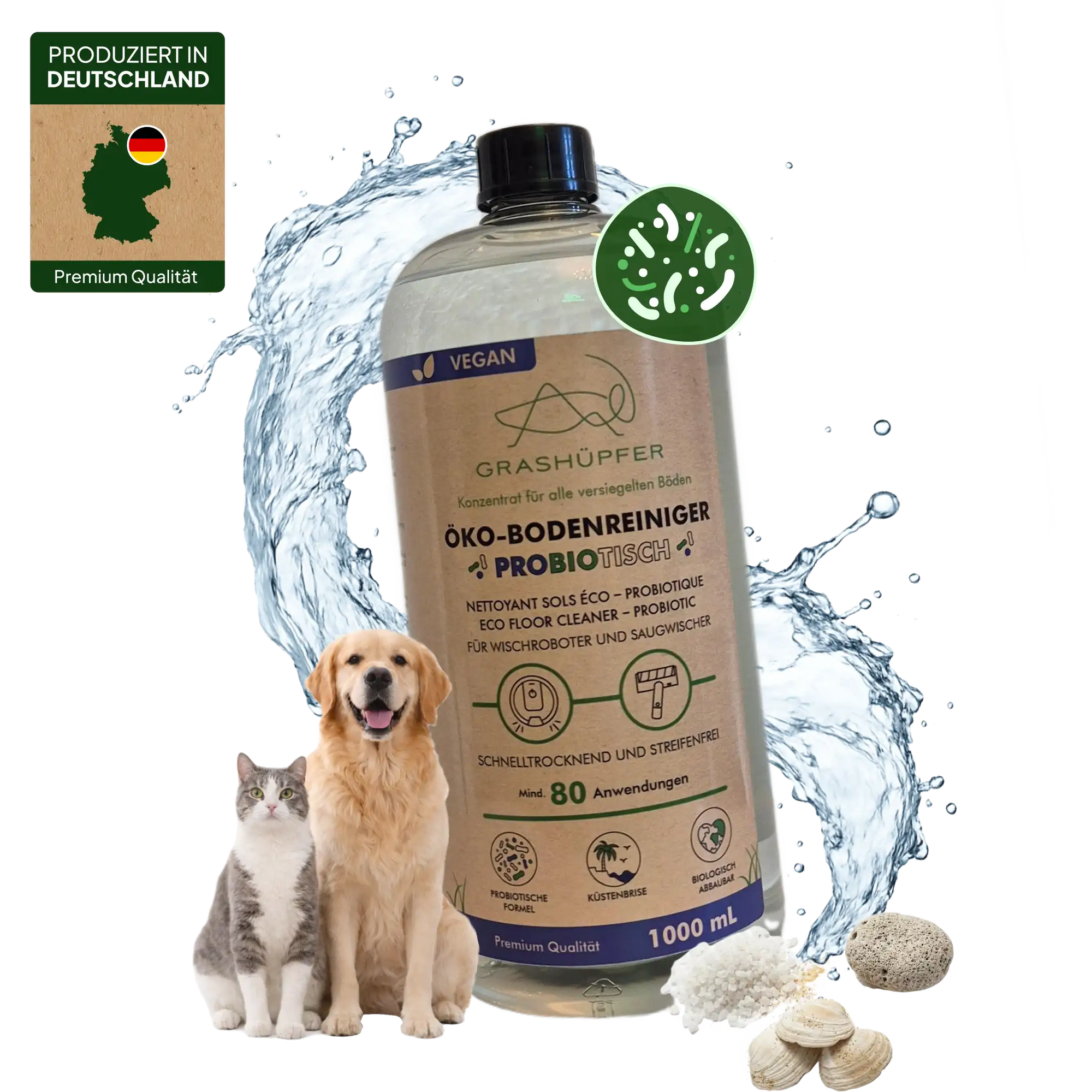 Der Grashüpfer Öko-Bodenreiniger mit probiotischer Formel mit Duftrichtuing Küstenbrise für Haustierfreundliche- und Allergikerhaushalte neutralisiert Gerüche von Haustieren langanhaltend