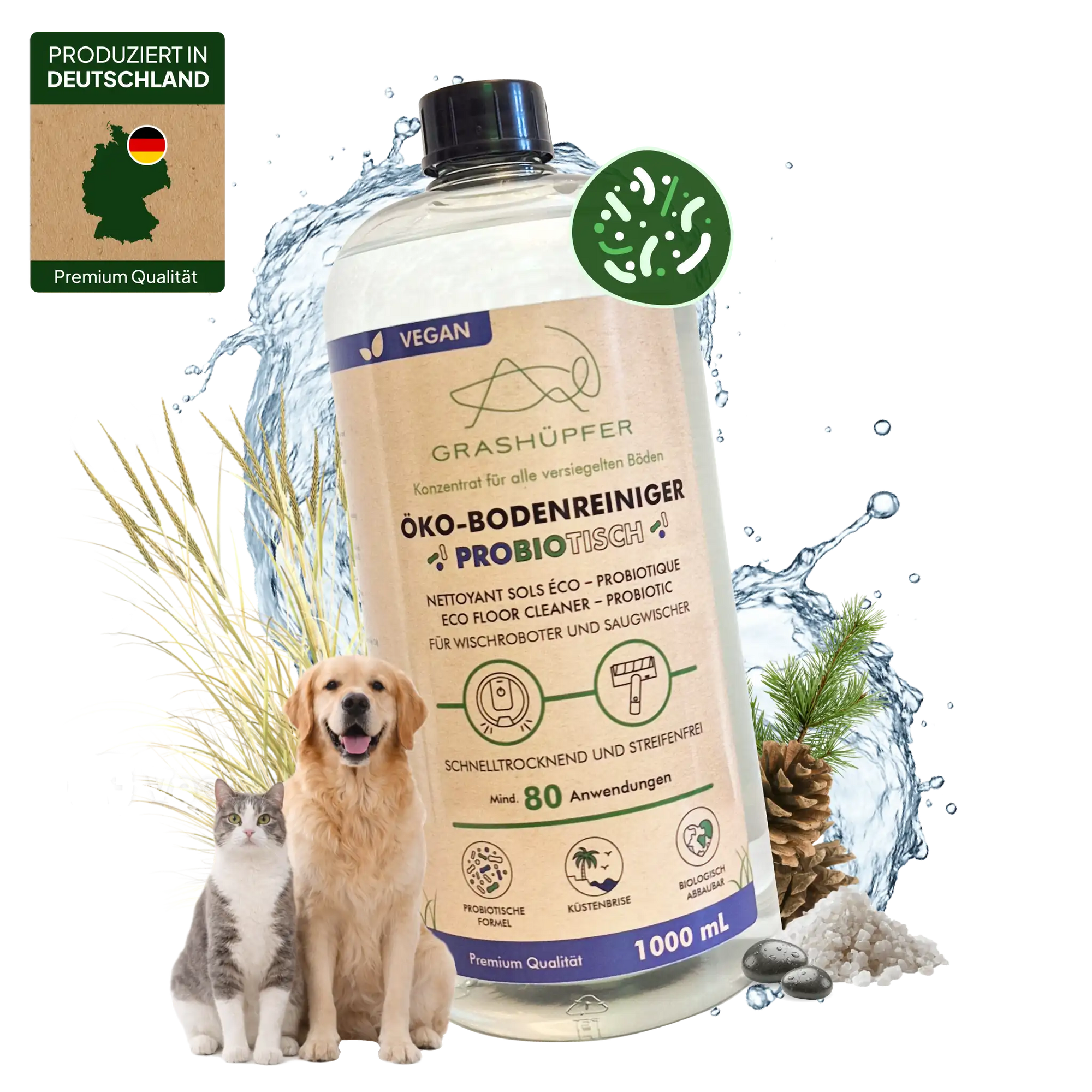 Der Grashüpfer Öko-Bodenreiniger mit probiotischer Formel mit Duftrichtuing Küstenbrise für Haustierfreundliche- und Allergikerhaushalte neutralisiert Gerüche von Haustieren langanhaltend