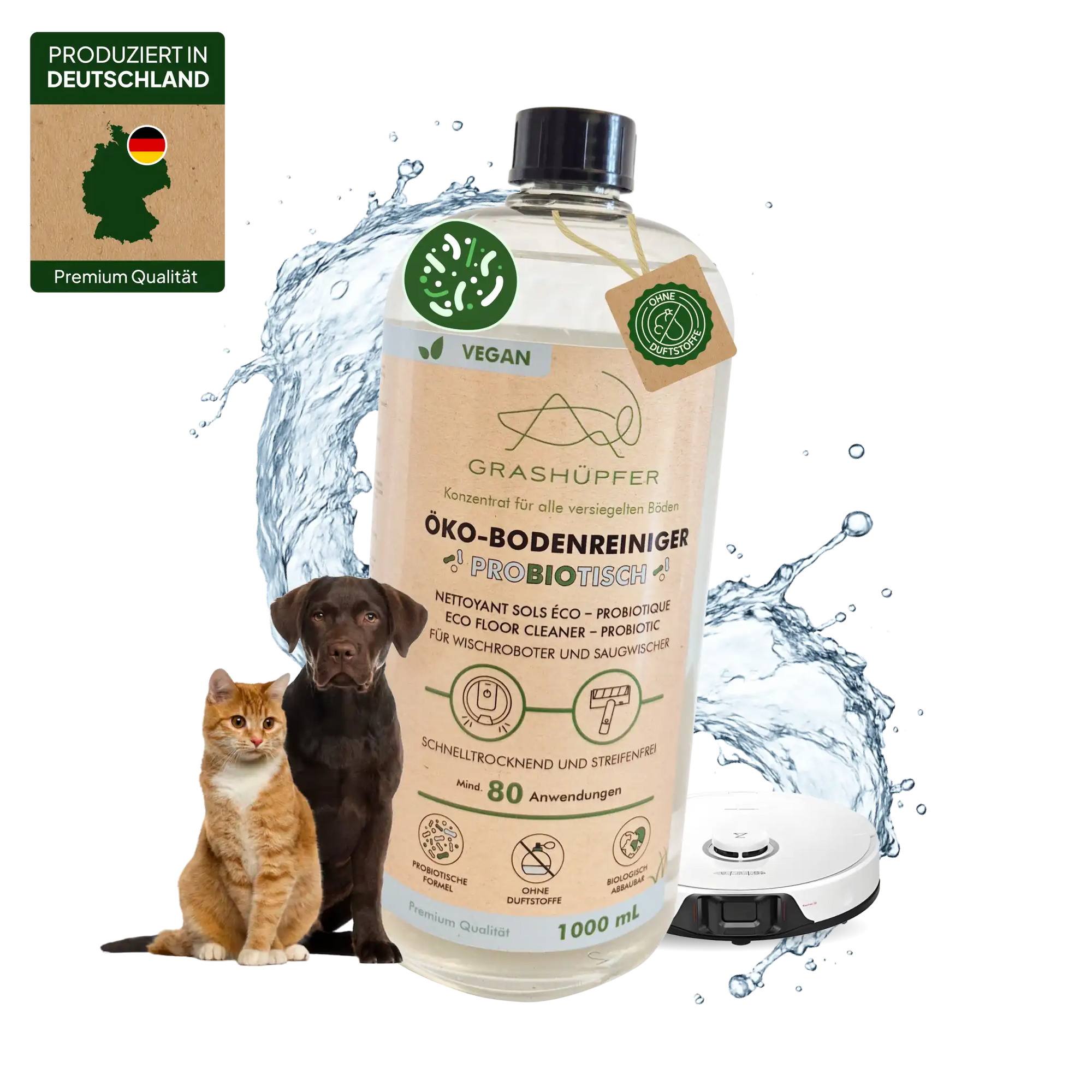 Der Grashüpfer Öko-Bodenreiniger mit probiotischer Formel, ohne Duftstoffe für Allergiker- und Haustierfreundliche Haushalte, neutralisiert Gerüche von Haustieren langanhaltend.