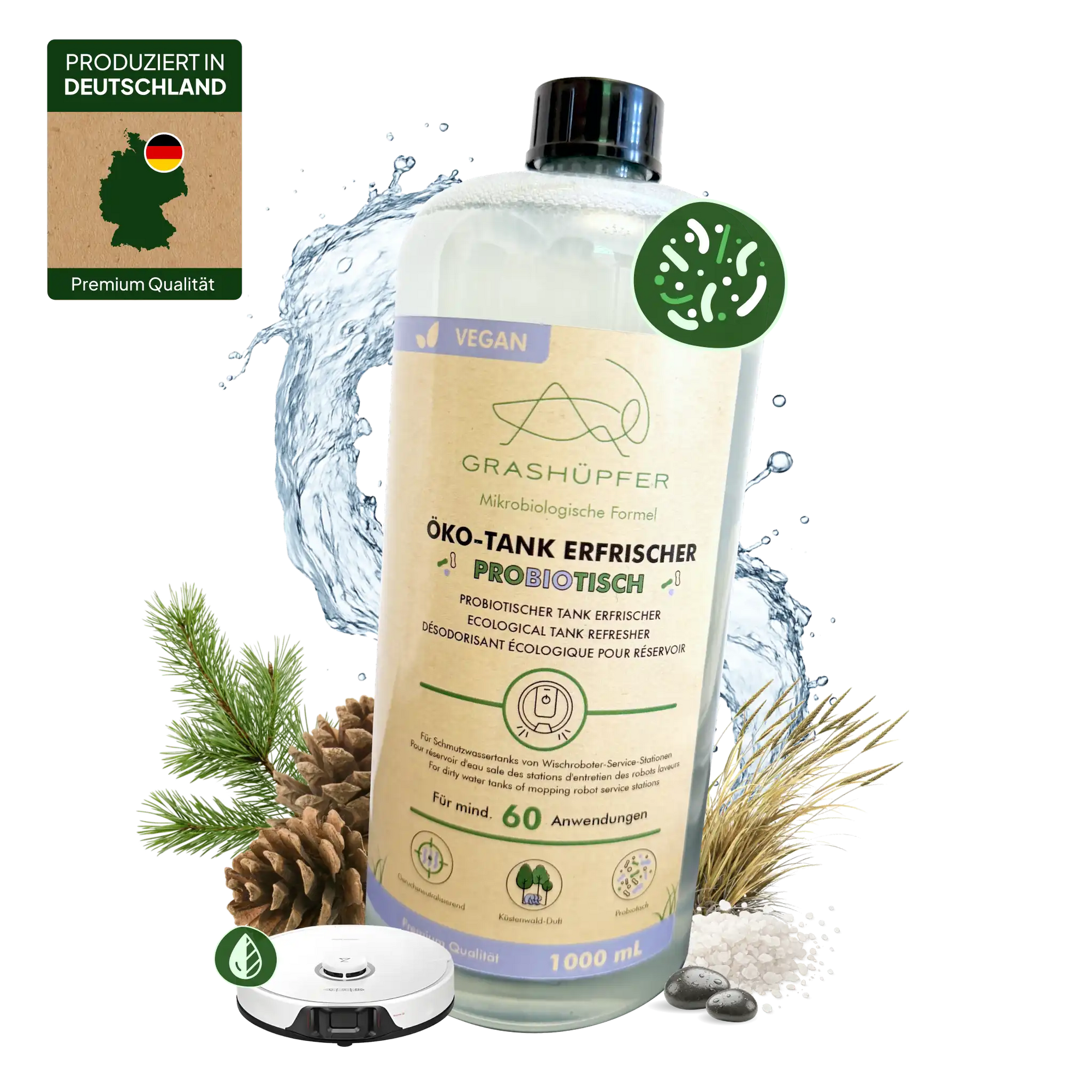Der Grashüpfer probiotischer Öko-Tank Erfrischer ist in einer 1000ml Flasche einzeln zu sehen, daneben ein Wischroboter und ein Label, dass das Produkt in Deutschland produziert ist.