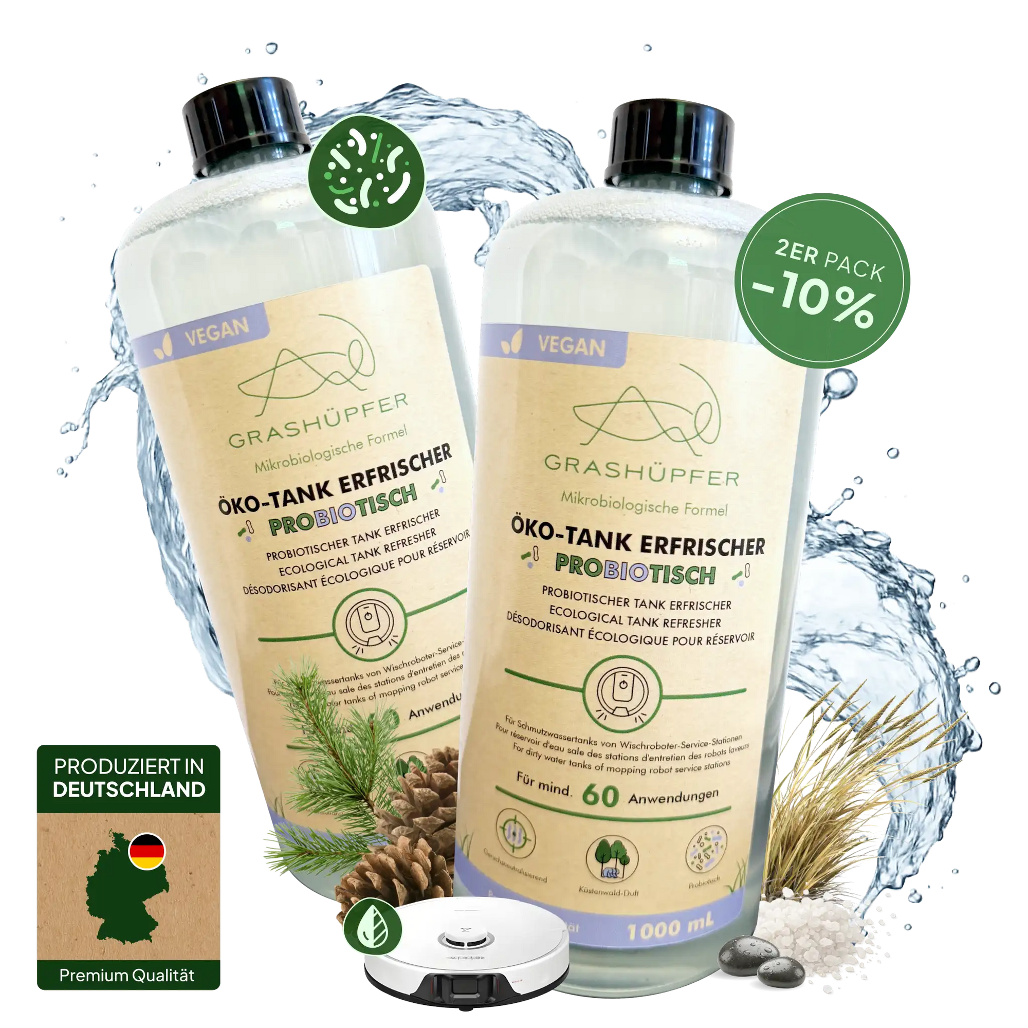 Der Grashüpfer probiotischer Öko-Tank Erfrischer ist in zwei 1000ml Flaschen zu sehen mit einem 10% Rabatt, daneben ein Wischroboter und ein Label, dass das Produkt in Deutschland produziert ist.