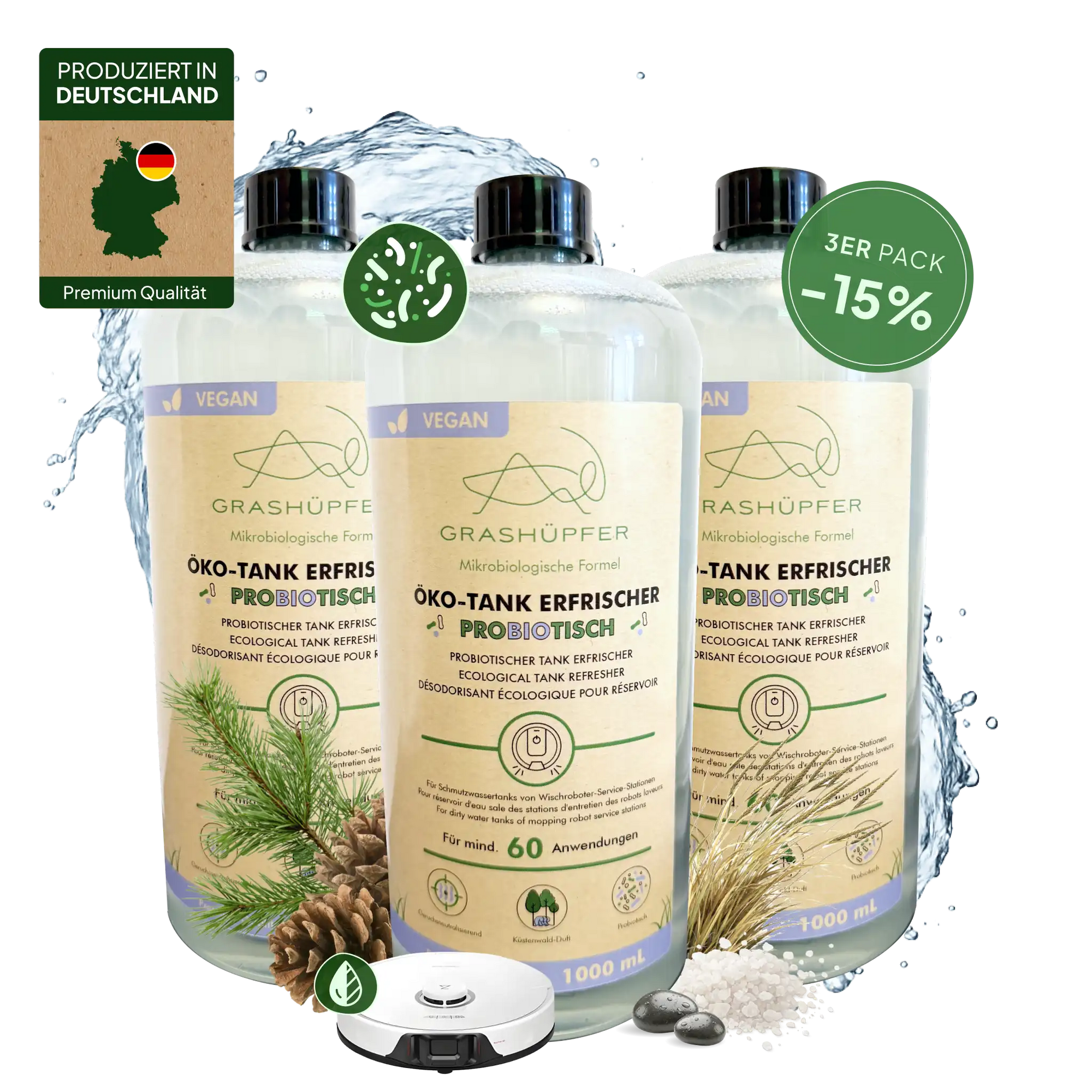 Der Grashüpfer probiotischer Öko-Tank Erfrischer ist in drei 1000ml Flaschen zu sehen, daneben ein 15% Rabatt, daneben ein Wischroboter und ein Label, dass das Produkt in Deutschland produziert ist.