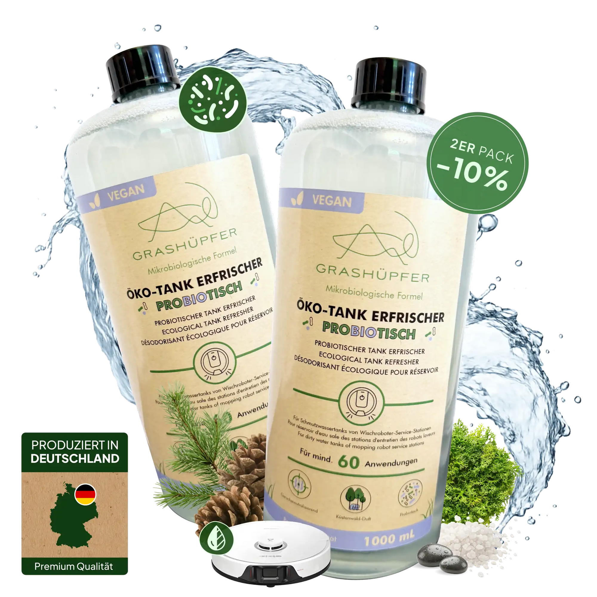 Der Grashüpfer probiotischer Öko-Tank Erfrischer ist in zwei 1000ml Flaschen zu sehen mit einem 10% Rabatt, daneben ein Wischroboter und ein Label, dass das Produkt in Deutschland produziert ist.