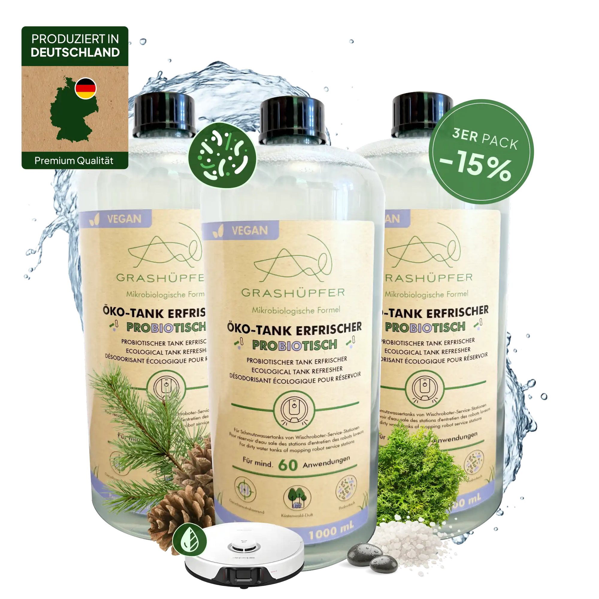 Der Grashüpfer probiotischer Öko-Tank Erfrischer ist in drei 1000ml Flaschen zu sehen, daneben ein 15% Rabatt, daneben ein Wischroboter und ein Label, dass das Produkt in Deutschland produziert ist.