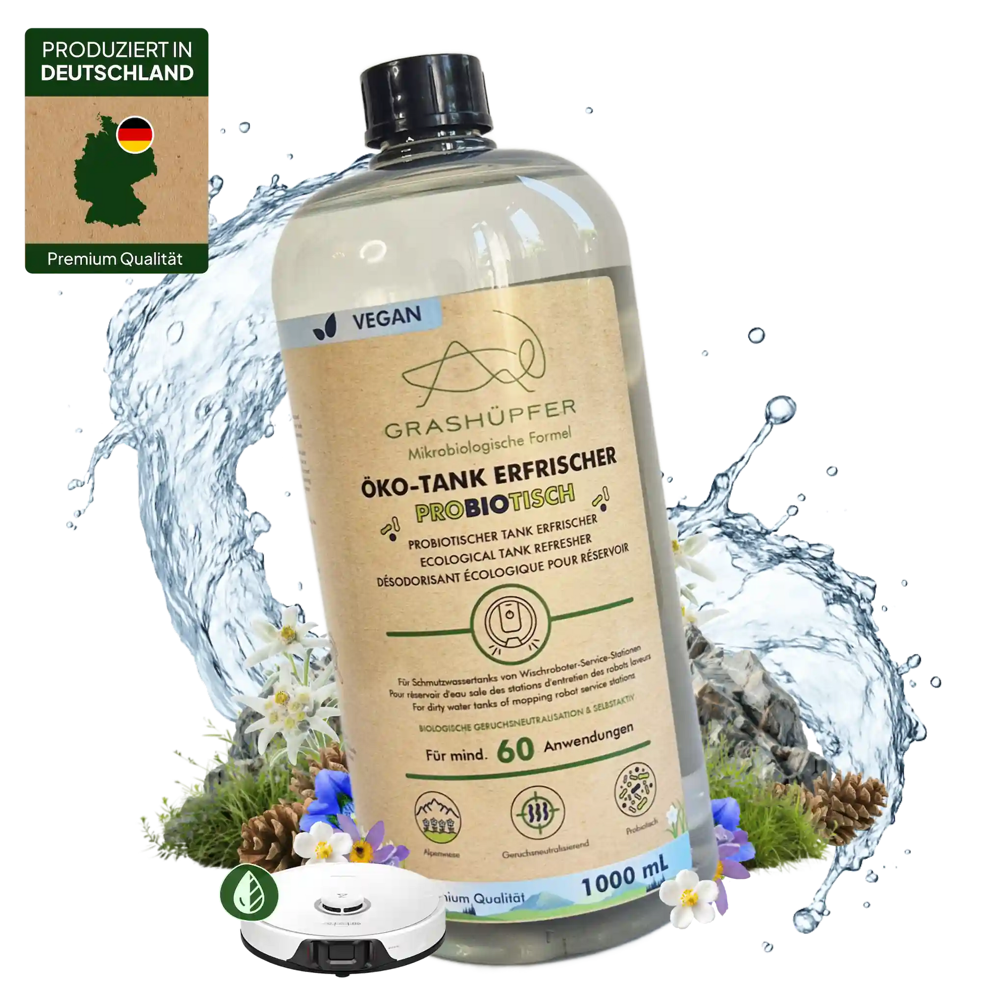 Der Grashüpfer probiotischer Öko-Tank Erfrischer mit Alpenwiese Duft, ist in einer 1000ml Flasche einzeln zu sehen, daneben ein Wischroboter und ein Label, dass das Produkt in Deutschland produziert ist