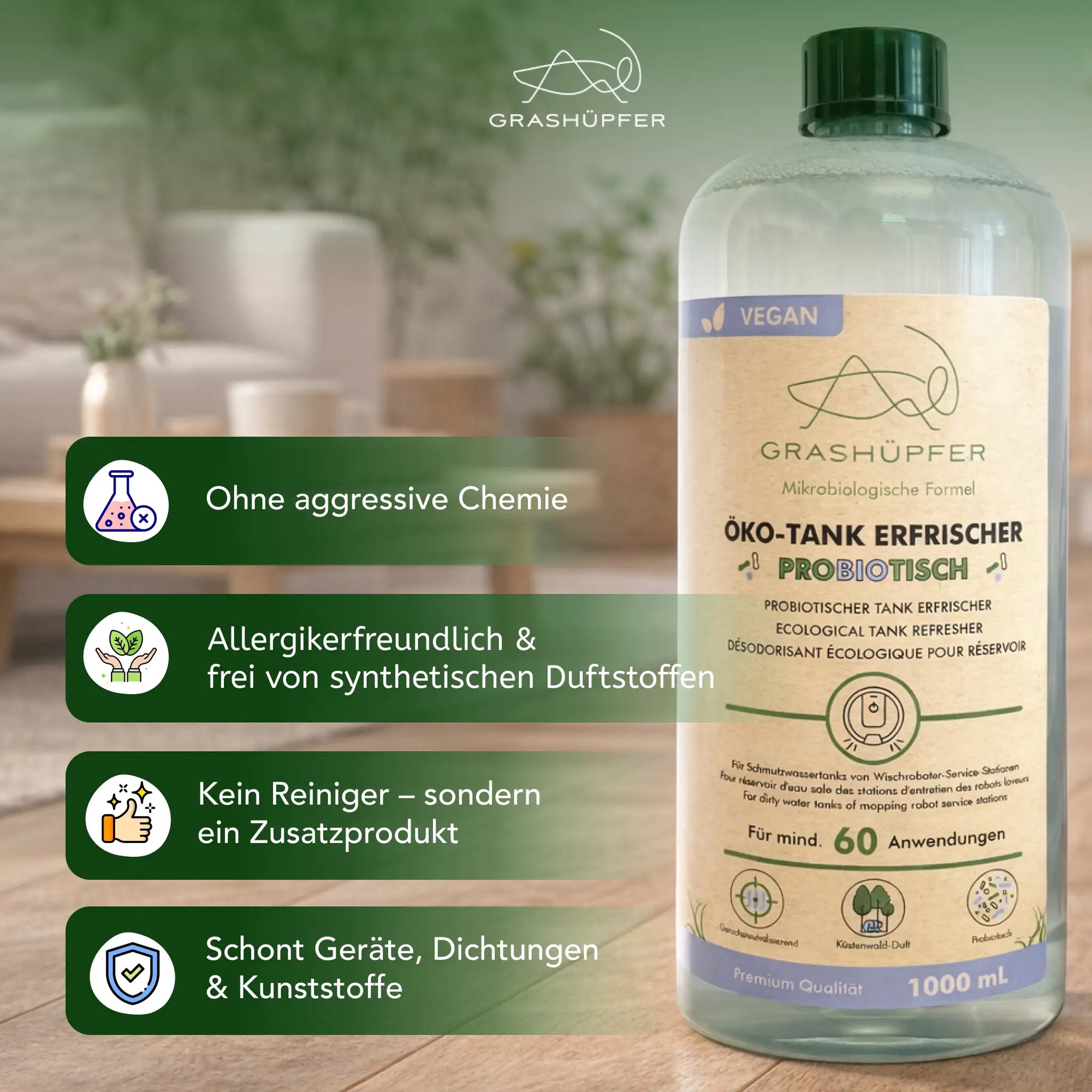 USPs vom probiotischen Öko-Tank Erfrischer von Grashüpfer wie ohne aggressive Chemie, Allergikerfreundlich und Geräteschonend.