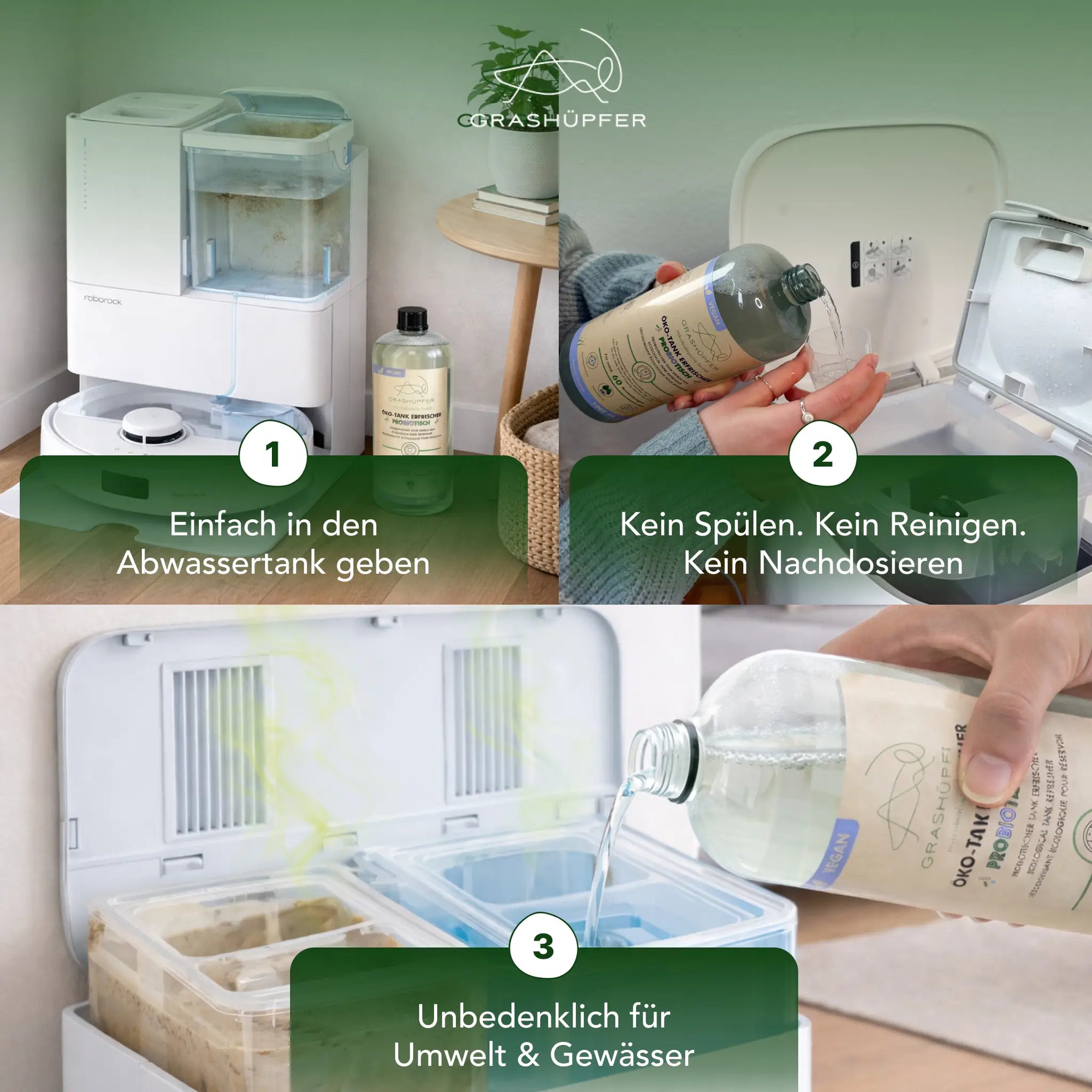 Die Anwendung vom probiotischen Öko-Tank Erfrischer wird in 3 Schritten erklärt, dabei wird einfach eine Dosierkappe in den Schmutzwassertank geleert, was unbedenklich für Umwelt & Gewässer ist. 