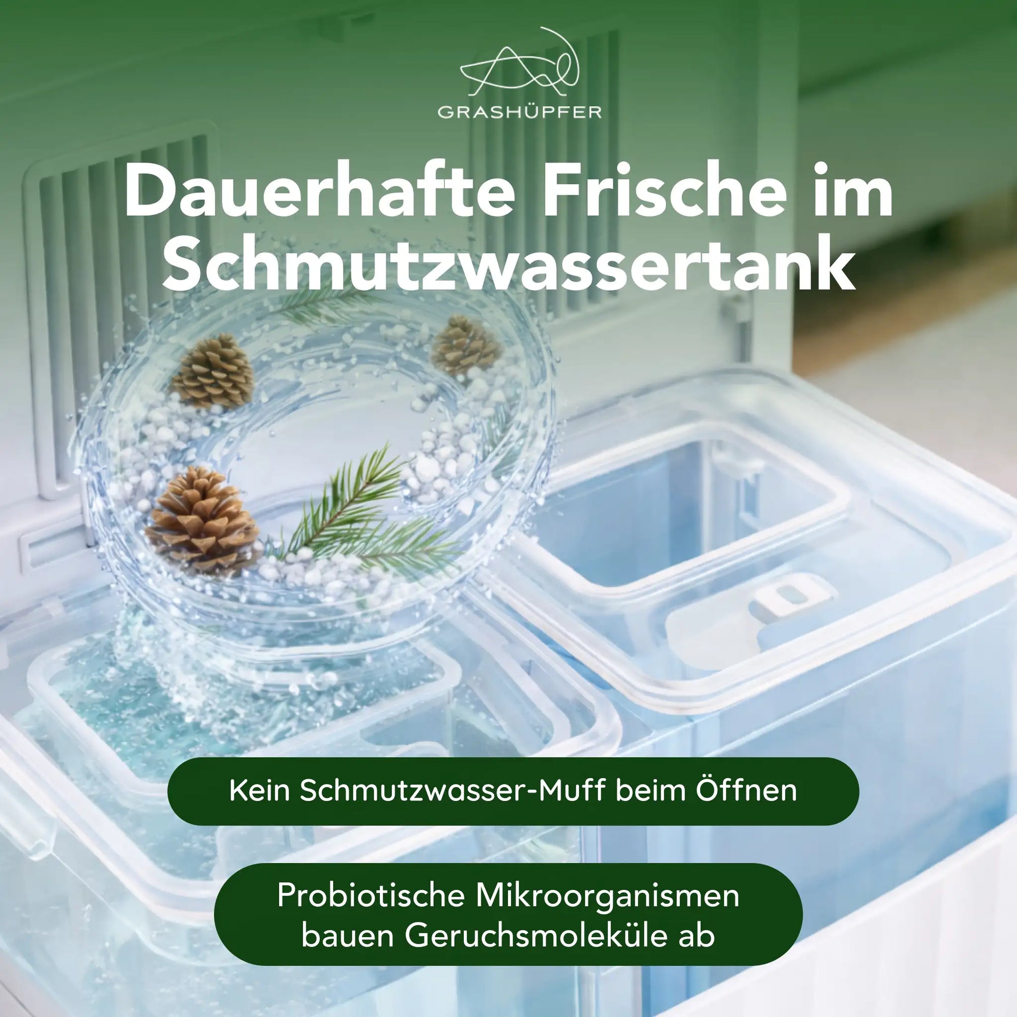 Der probiotische Öko-Tank Erfrischer von Grashüpfer sorgt für dauerhaft Frische im Schmutzwassertank von Saugroboter-Servicestationen durch frischen Küstenwaldduft. 