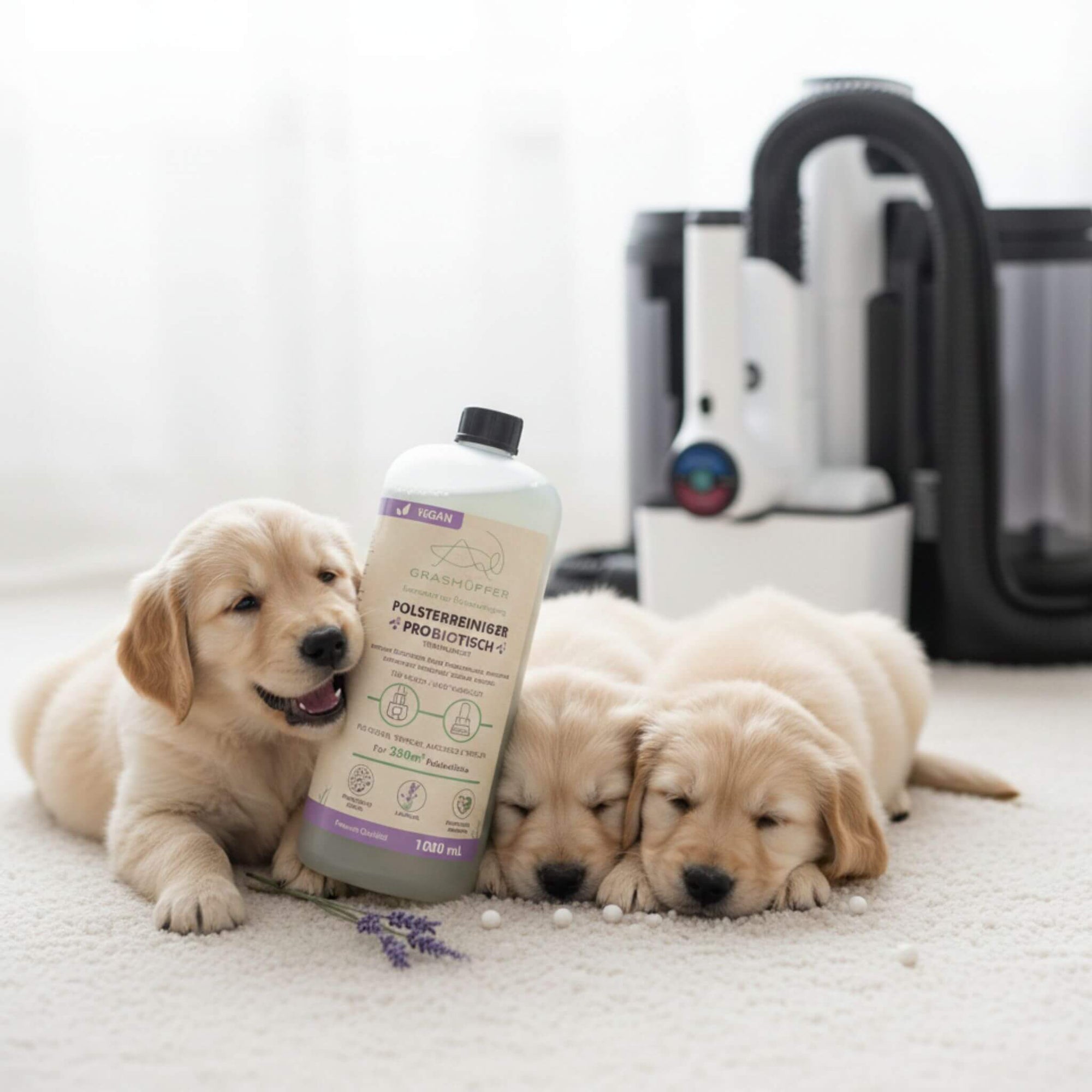 Der Probiotische Öko-Polsterreiniger & Geruchsentferner von Grashüpfer ist in der 1000ml Flasche auf dem sauberen Teppich zu sehen und 3 Hundewelpen spielen daneben, im Hintergrund steht ein geeigneter Nasssauger / Wischsauger für Polster. 