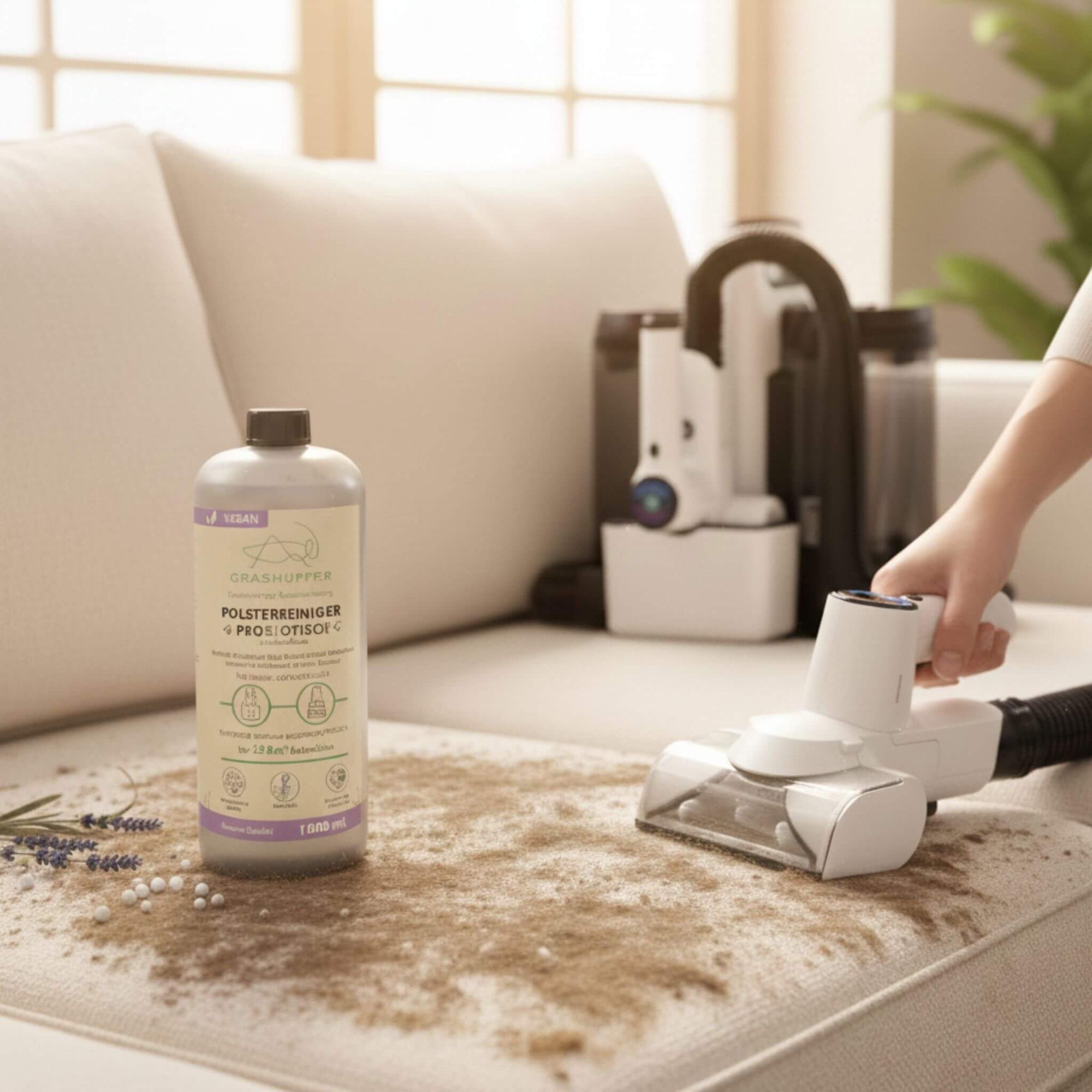 Der Probiotische Öko-Polsterreiniger & Geruchsentferner von Grashüpfer ist in der 1000ml Flasche auf der Couch zu sehen, dort ist ein großer Schmutzfleck der mit einem Wischsauger mit dem Reinigungsmittelkonzentrat entfernt wird. 