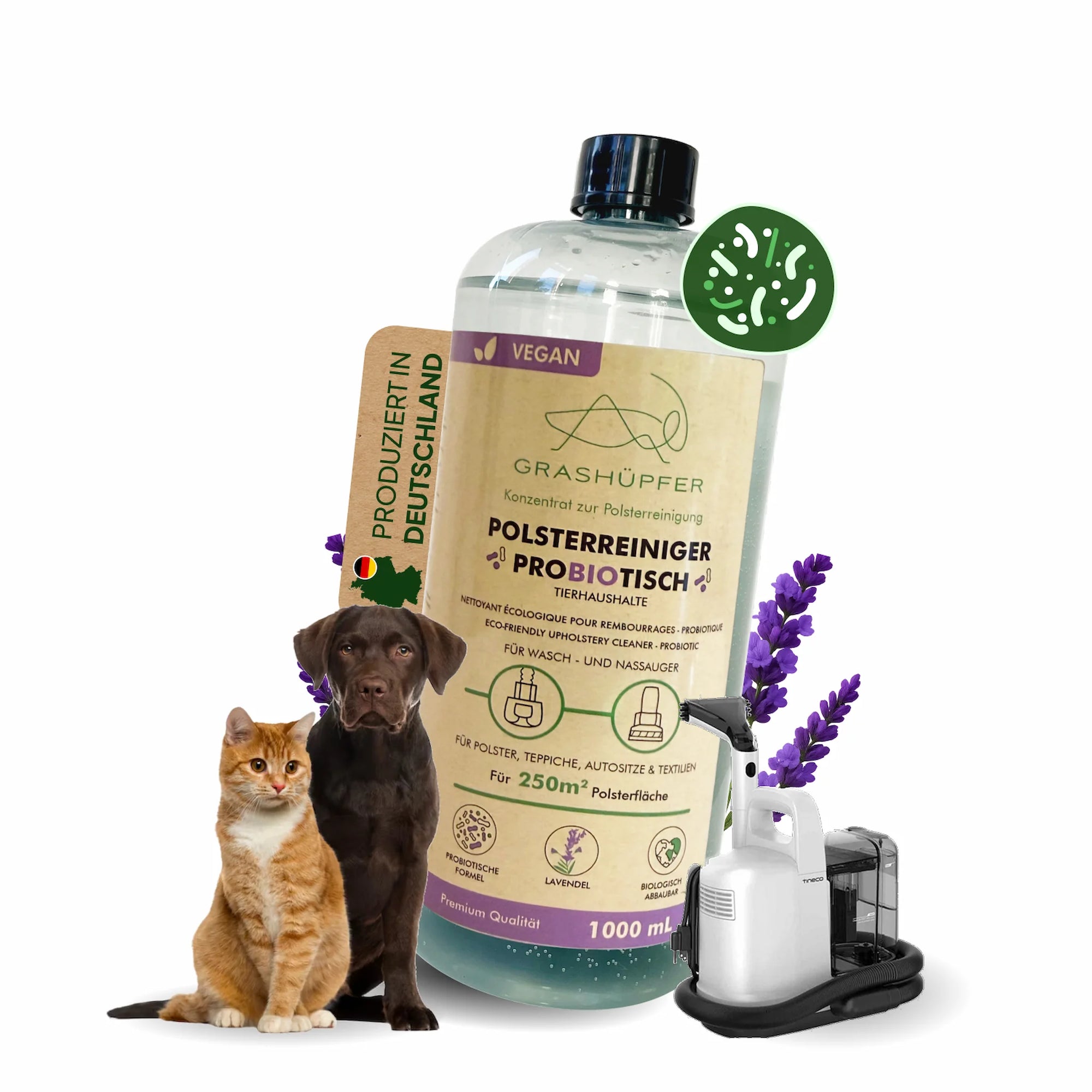 Grashüpfer probiotischer Öko-Polsterreiniger Lavendel für Wasch- und Nassauger, mit Hund, Katze, Lavendel und produziert in Deutschland Hinweis.