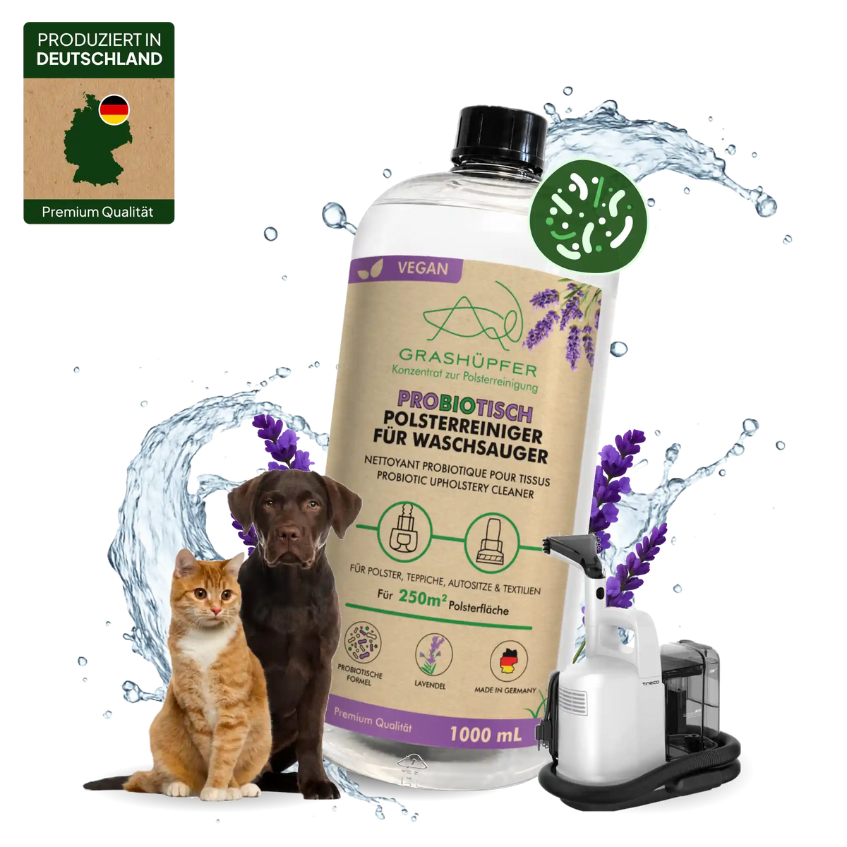 GRASHÜPFER probiotischer Polsterreiniger Lavendel für Waschsauger mit Hund, Katze und Polsterreinigungsgerät.