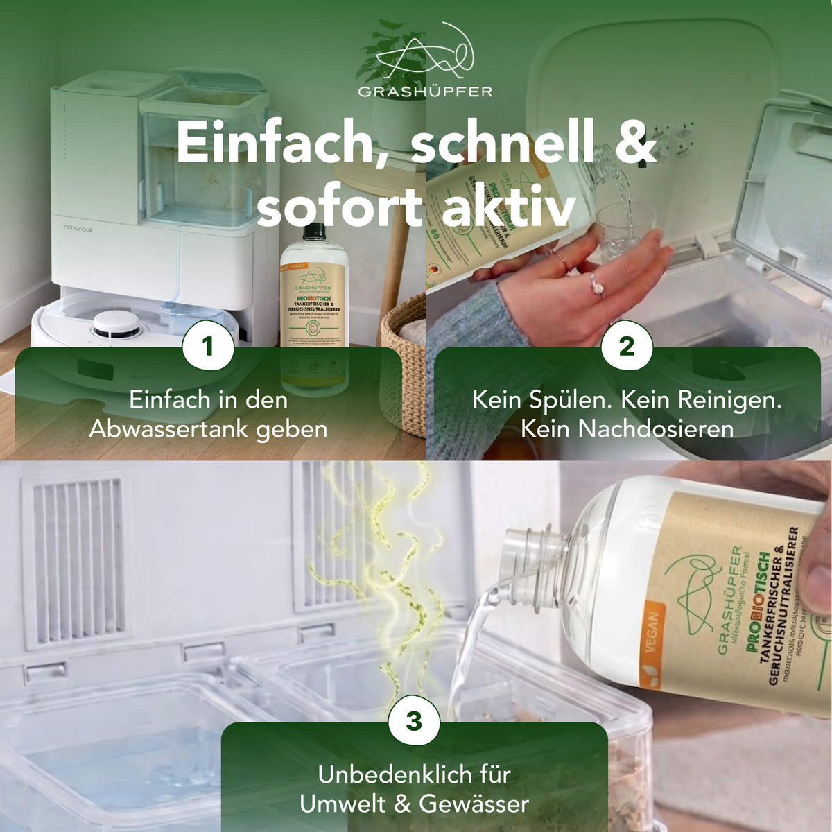 Anwendung des Grashüpfer probiotischen Tankerfrischers: Das Produkt wird direkt in den Schmutzwassertank einer Wischroboter-Station gegeben.