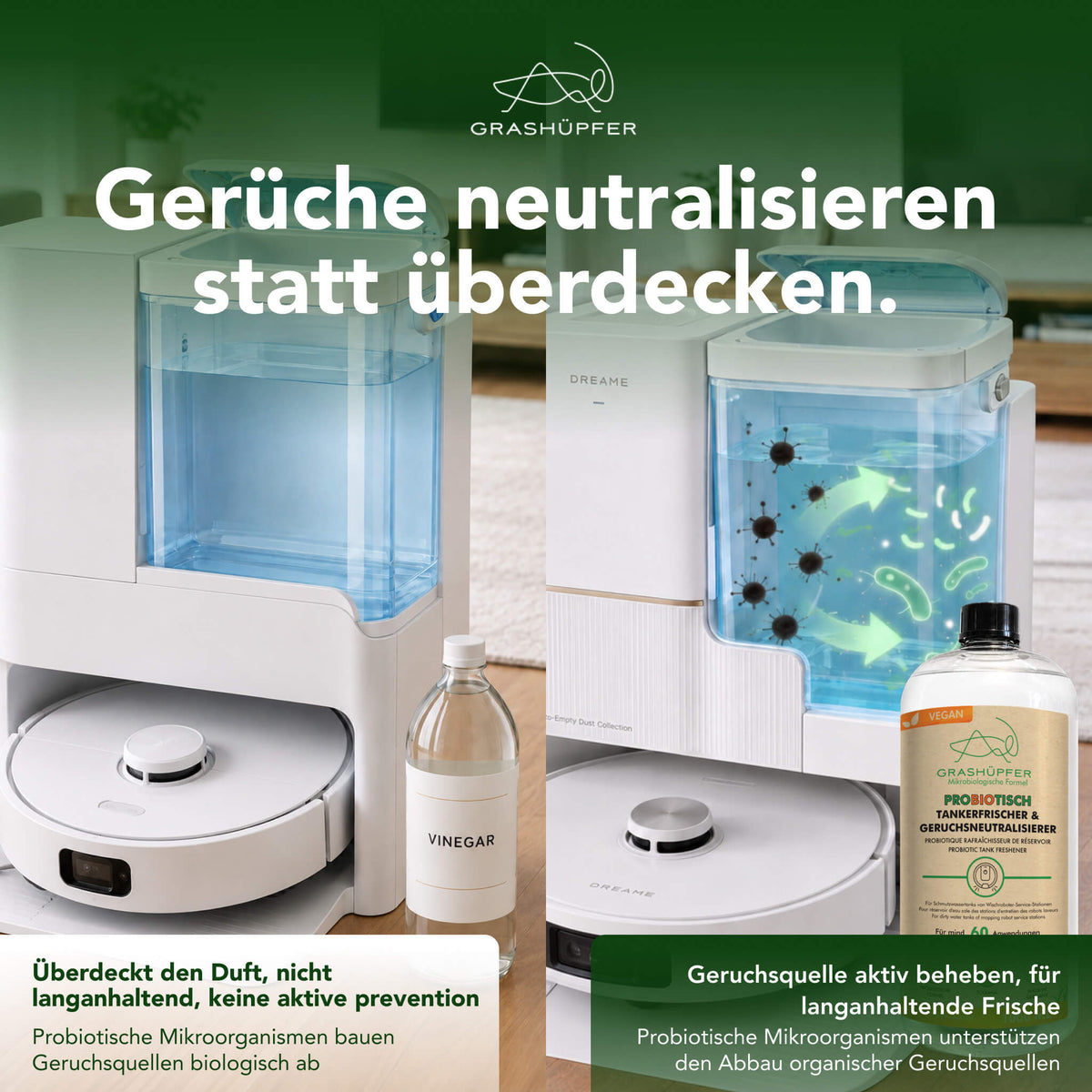 Infografik zum probiotischen Grashüpfer Tankerfrischer für Dreame-Schmutzwassertanks mit Gegenüberstellung zu einer herkömmlichen Geruchsbehandlung.