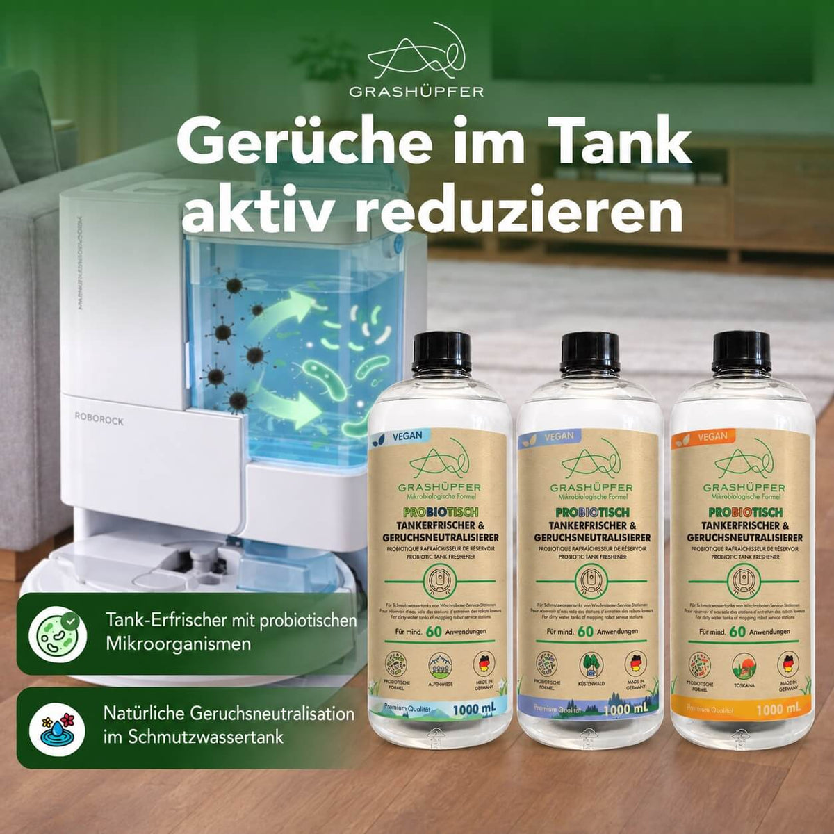 Drei Varianten des Grashüpfer probiotischen Tankerfrischers vor einer Wischroboter-Station mit Schmutzwassertank und Infografik zur Geruchsneutralisation.