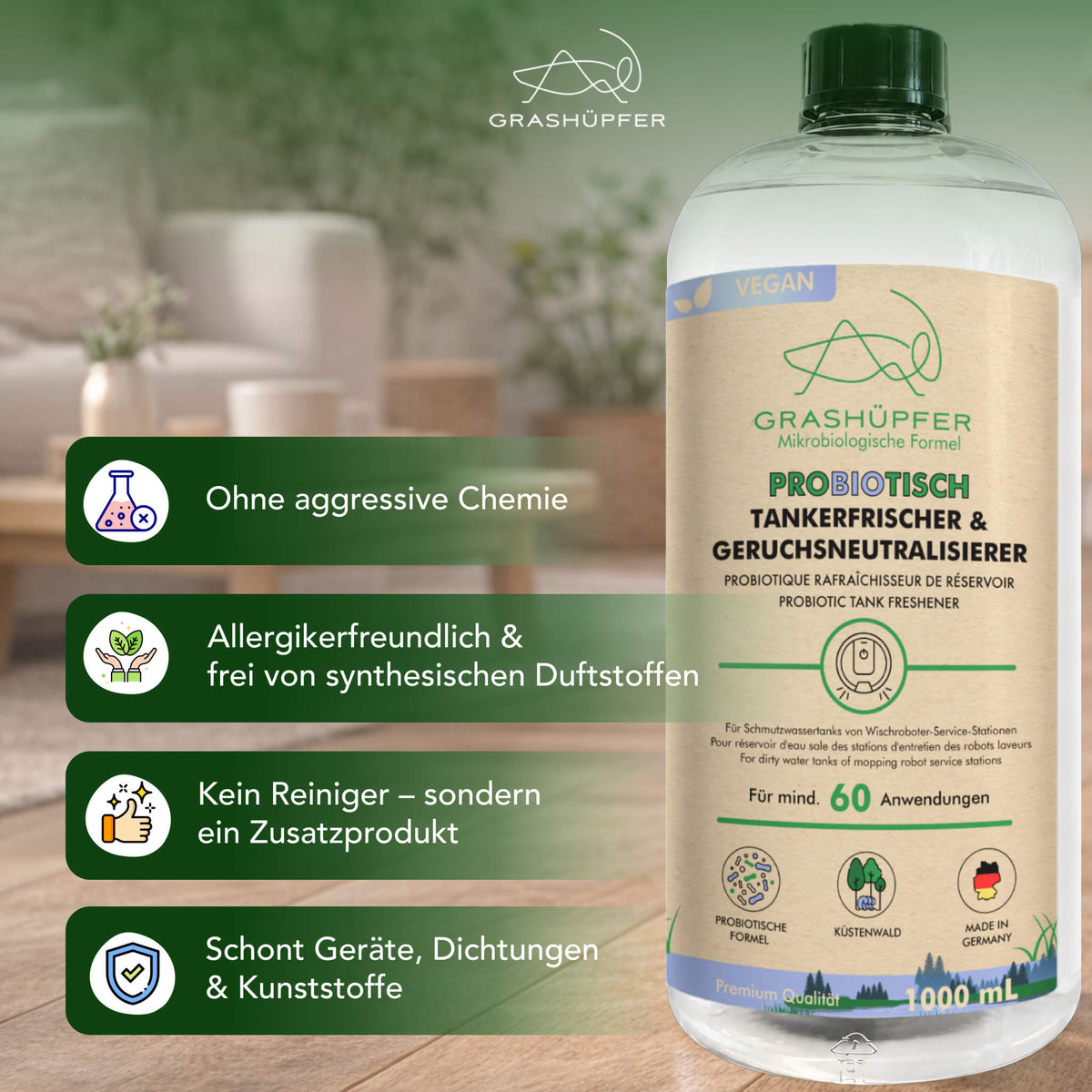Grashüpfer probiotischer Tankerfrischer und Geruchsneutralisierer für den Schmutzwassertank mit Infografik zu Anwendung und Produkteigenschaften.