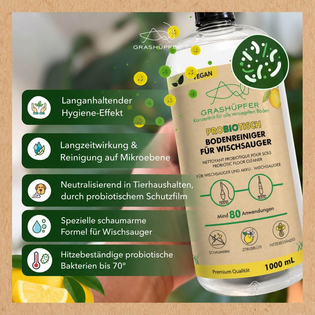 Produktgrafik zum Grashüpfer probiotischen Bodenreiniger für Wischsauger mit Hinweisen zur schaumarmen Formel, probiotischen Mikroorganismen und Anwendung im Haushalt.