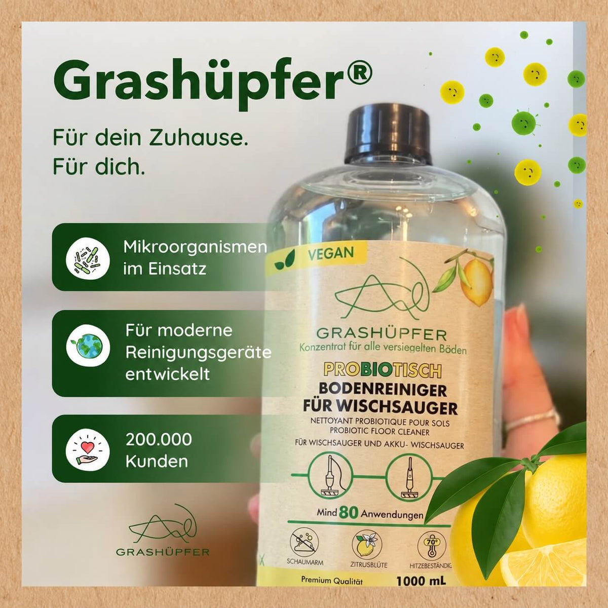Produktgrafik zum Grashüpfer probiotischen Bodenreiniger für Wischsauger mit Hinweisen auf Mikroorganismen, moderne Reinigungsgeräte und die Marke Grashüpfer.