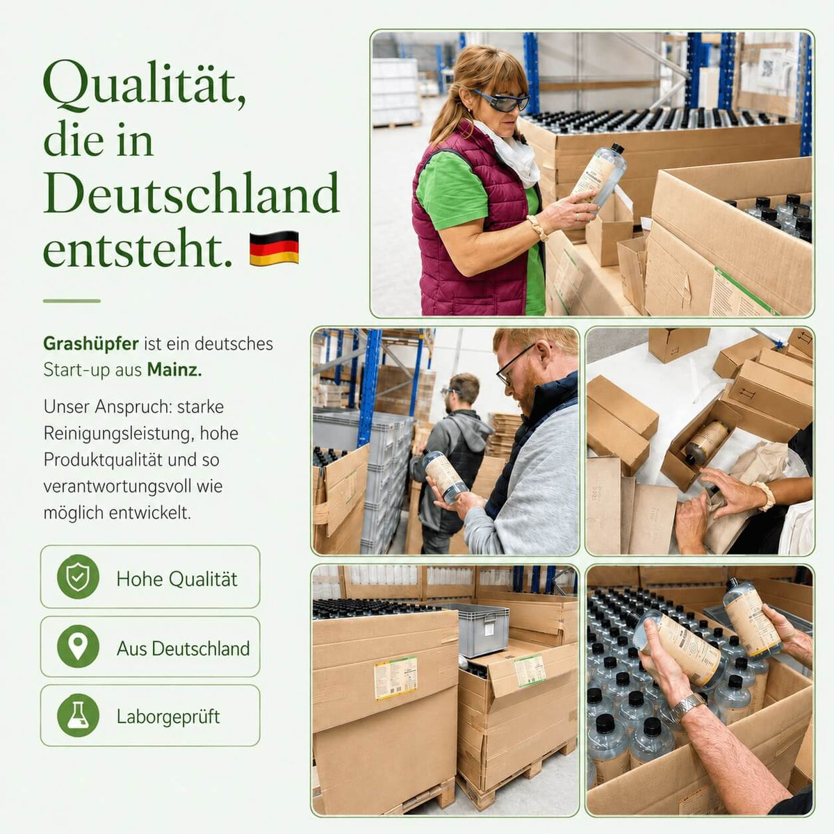 Grashüpfer Qualitätskontrolle in Deutschland mit Prüfung, Verpackung und Lagerung der Reinigungsmittel des Mainzer Start-ups.