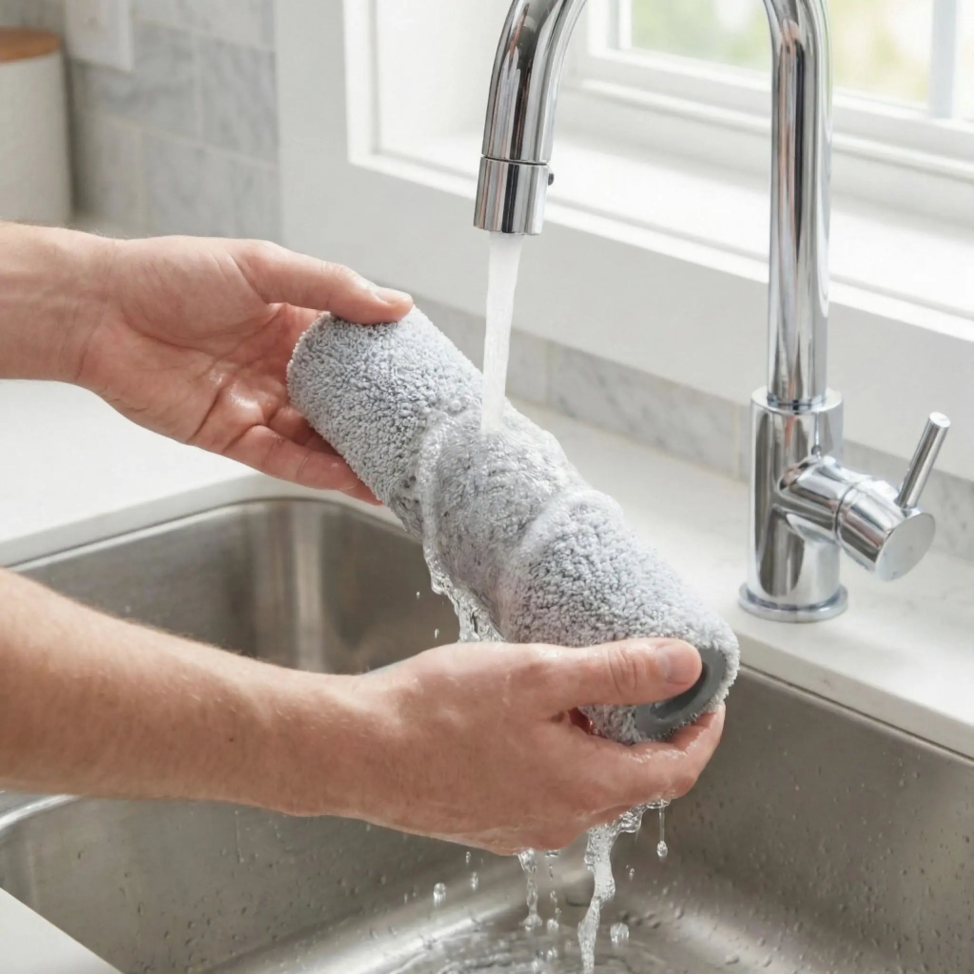 Roborock F25 Bürstenrolle von Grashüpfer wird unter klarem Wasser gereinigt – Pflegetipp für langlebige Reinigungsleistung.