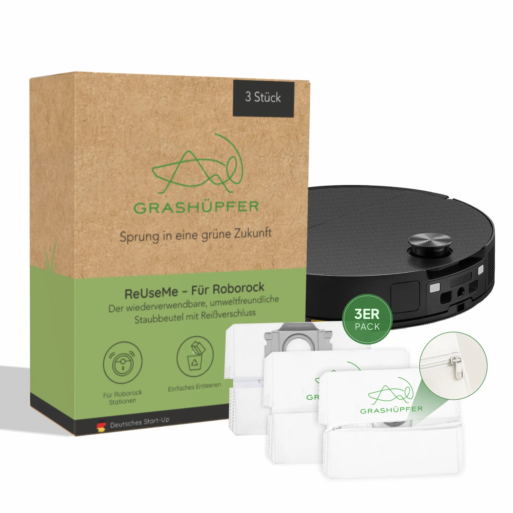 Grashüpfer ReUseMe Staubbeutel für Roborock Absaugstationen, wiederverwendbare Staubbeutel im 3er-Pack, kompatibel mit diversen Roborock Modellen.