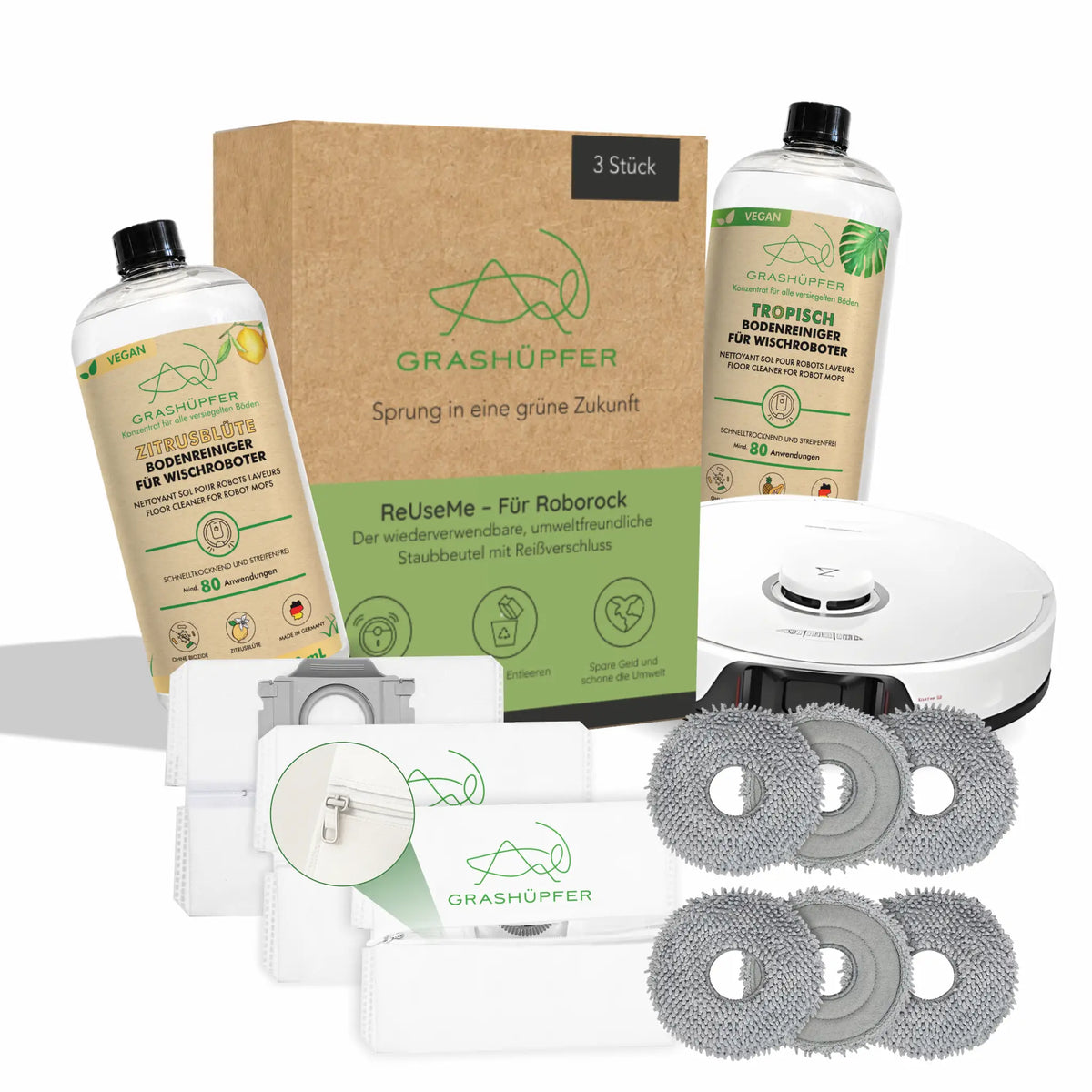 GRASHÜPFER Roborock Set mit Bodenreiniger Zitrusblüte und Tropisch, ReUseMe Staubbeuteln, sechs grauen Wischpads und Saug-Wischroboter.