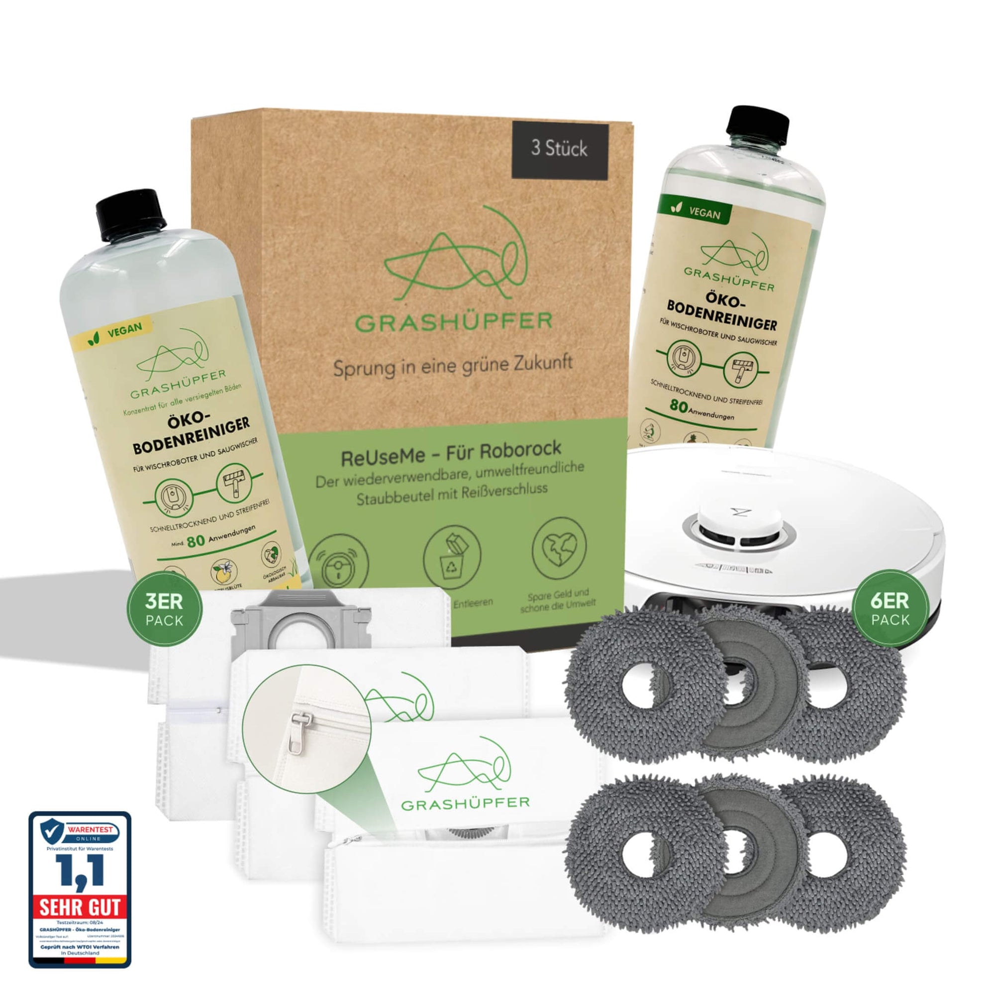 Das Grashüpfer Sorglospaket für Roboock Saugroboter ist zu sehen mit den einzelnen Produkten wie Grashüpfer Öko-Bodenreiniger, 6 Ersatz-Wischpads und 3 ReUseMe Staubbeutel für Roborock Saugroboter-Stationen.