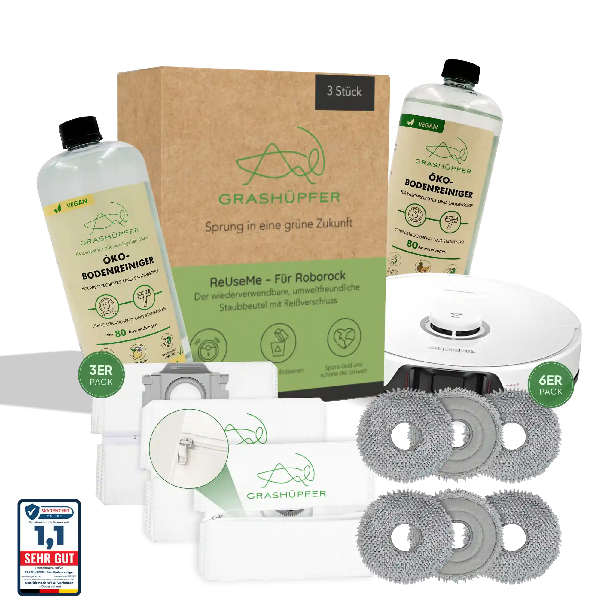 Das Grashüpfer Mix & Match-Set für Roboock Saugroboter ist zu sehen mit den einzelnen Produkten wie Grashüpfer Öko-Bodenreiniger, Ersatz-Wischpads und Wischwalzen und Wischtuechern und 3 ReUseMe Staubbeutel für Roborock Saugroboter-Stationen.