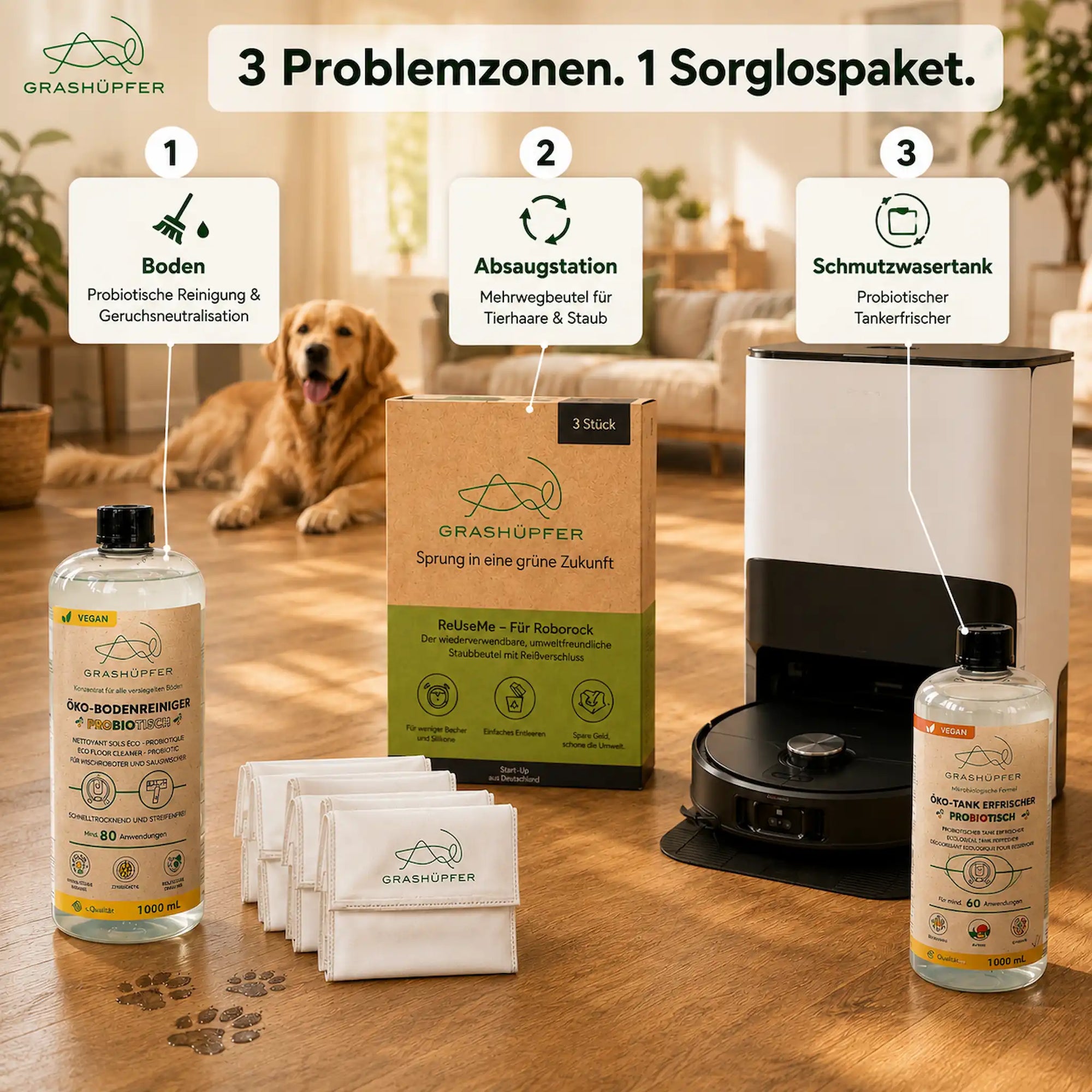 Grashüpfer Roborock Sorglospaket für Tierhaushalte mit probiotischem Bodenreiniger, ReUseMe Staubbeuteln und Tankerfrischer für Boden, Absaugstation und Schmutzwassertank.