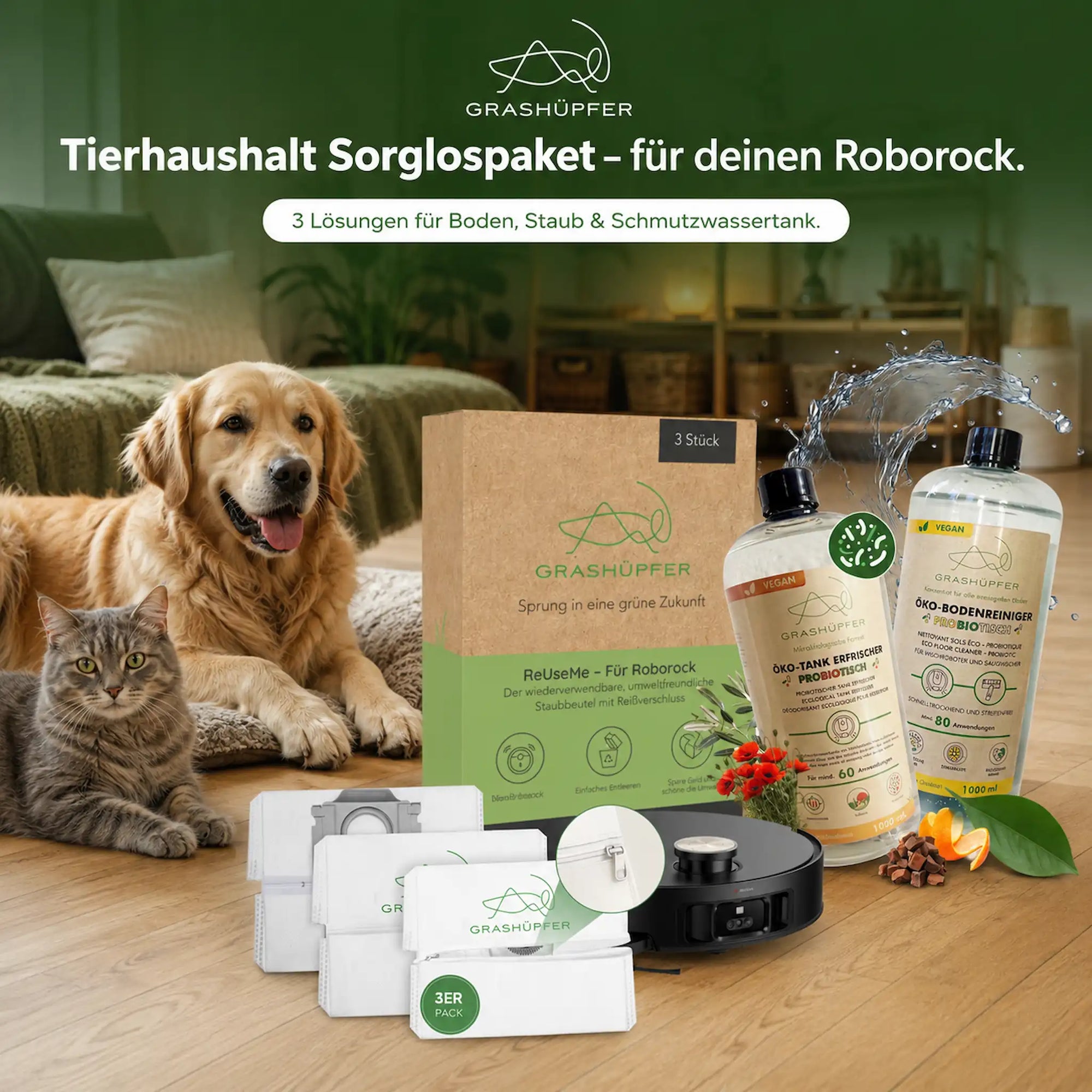 Grashüpfer Roborock Sorglospaket für Tierhaushalte mit Hund und Katze, probiotischem Bodenreiniger, Tankerfrischer und wiederverwendbaren ReUseMe Staubbeuteln.