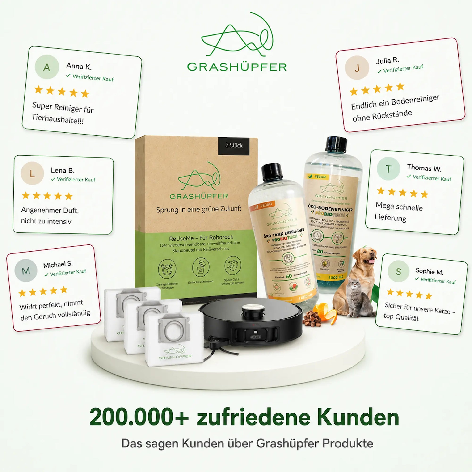 Grashüpfer Roborock Sorglospaket für Tierhaushalte mit Bodenreiniger, Tankerfrischer, ReUseMe Staubbeuteln und dargestellten Kundenbewertungen.