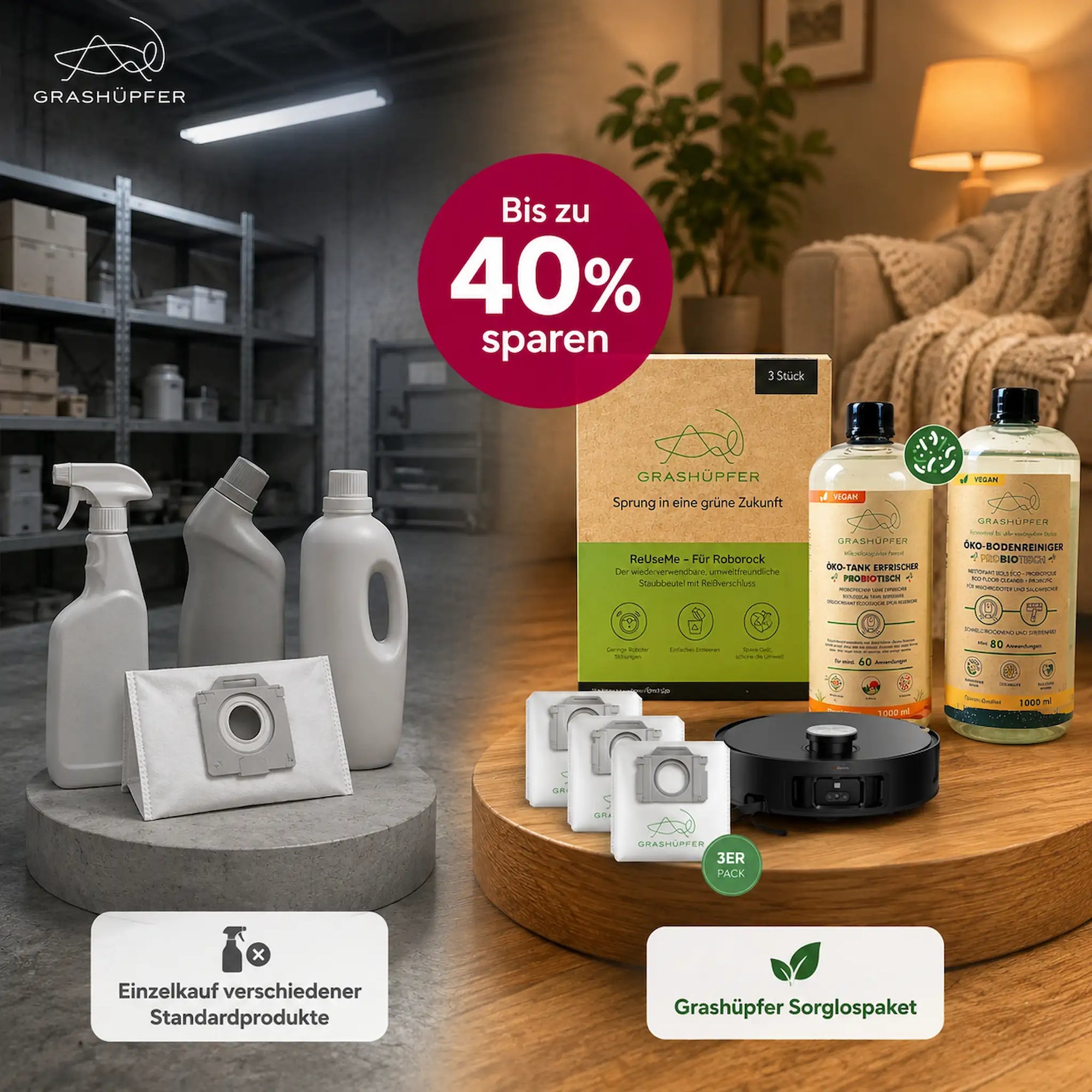 Vergleich von Standardprodukten mit dem Grashüpfer Roborock Sorglospaket für Tierhaushalte mit ReUseMe Staubbeuteln, Bodenreiniger und Tankerfrischer, bis zu 40 % sparen.