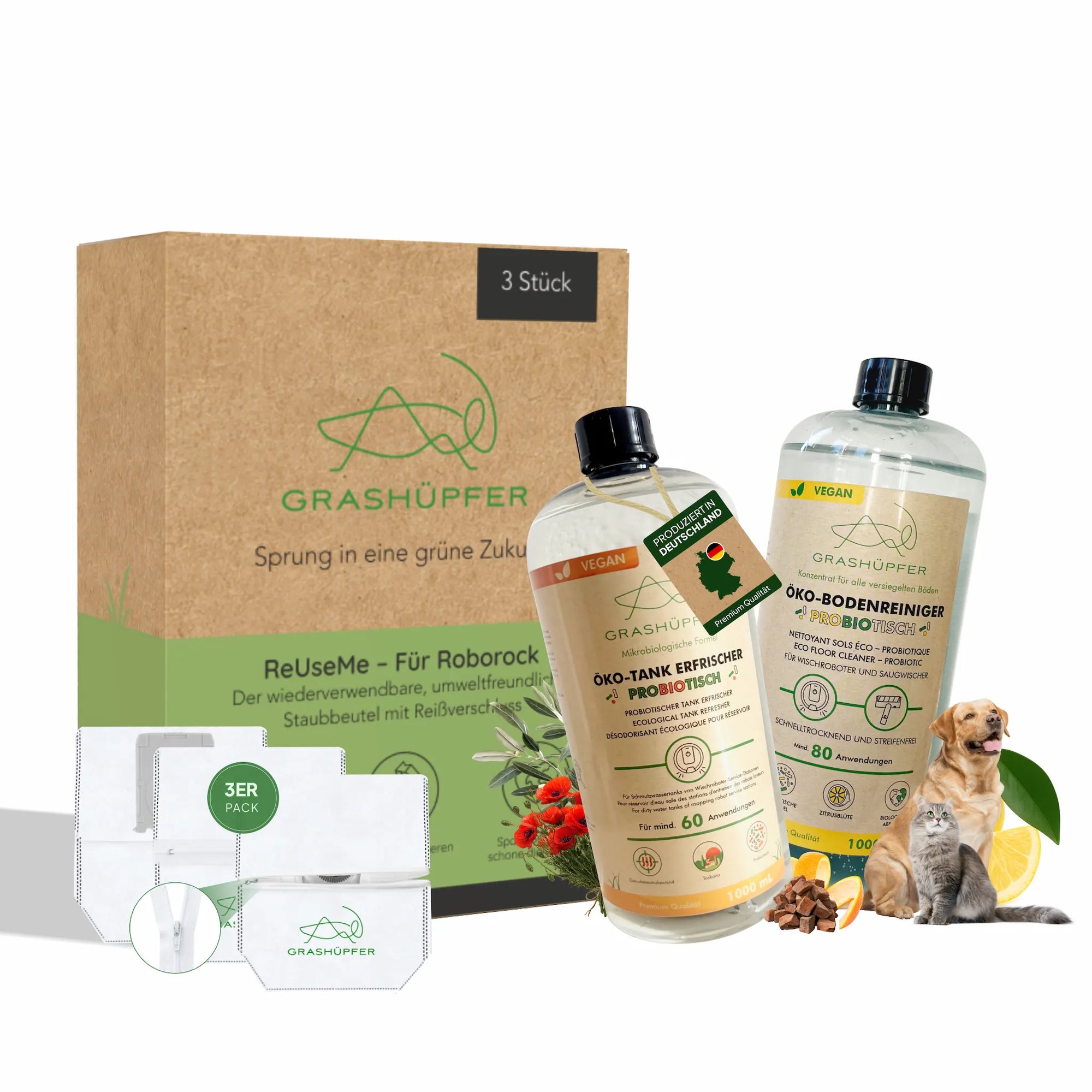 Grashüpfer Roborock Sorglospaket für Tierhaushalte mit 3 ReUseMe Staubbeuteln, probiotischem Bodenreiniger und probiotischem Tankerfrischer.