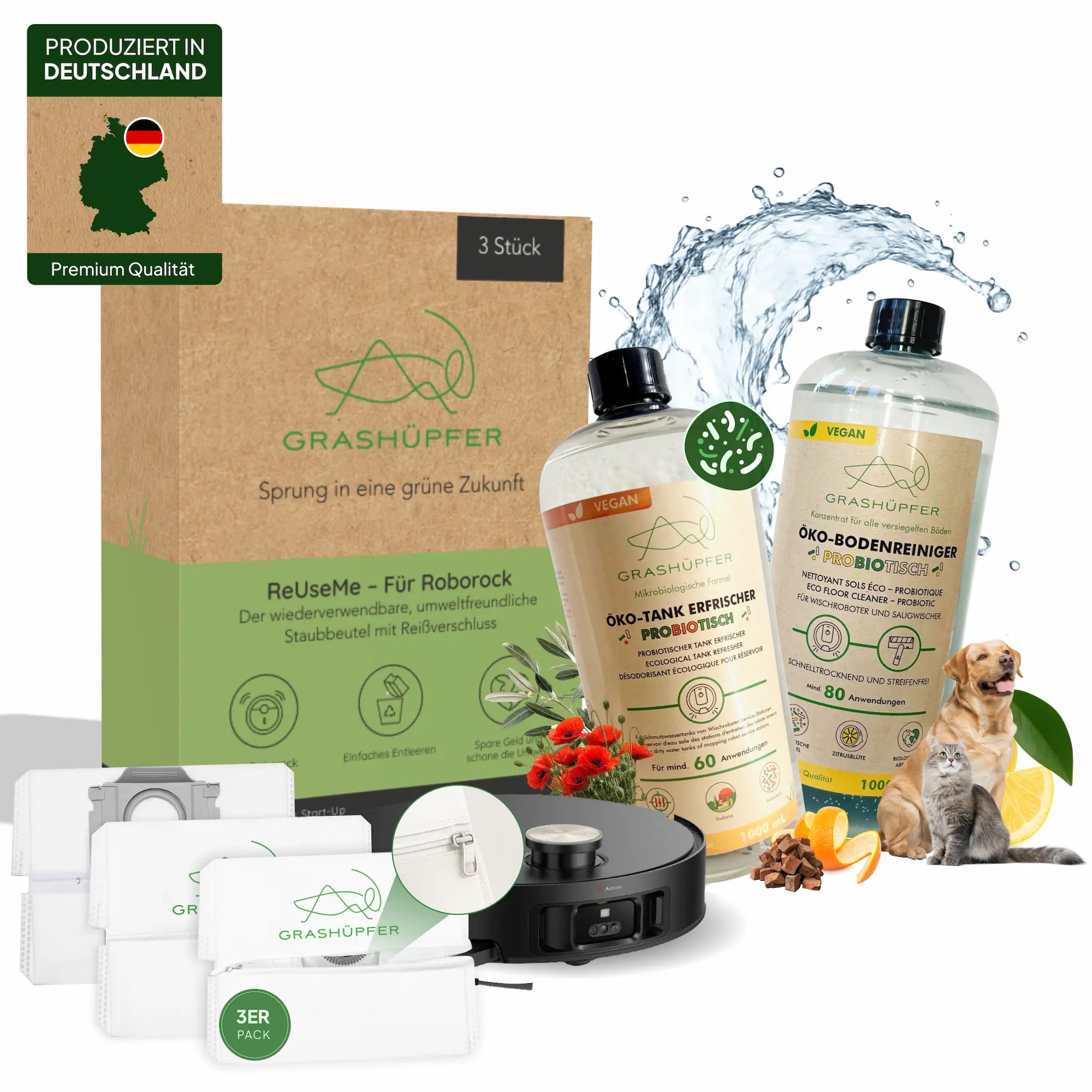 Grashüpfer Roborock Sorglospaket für Tierhaushalte mit Roborock Wischroboter, ReUseMe Staubbeuteln, probiotischem Bodenreiniger und Tankerfrischer.